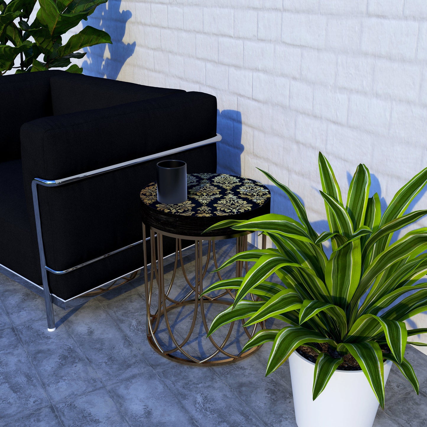 Black & Gold Victorian Pattern Accent Table, 14_ Diameter, 17_ High, Round End Table, UV Print Wood and Metal Construction