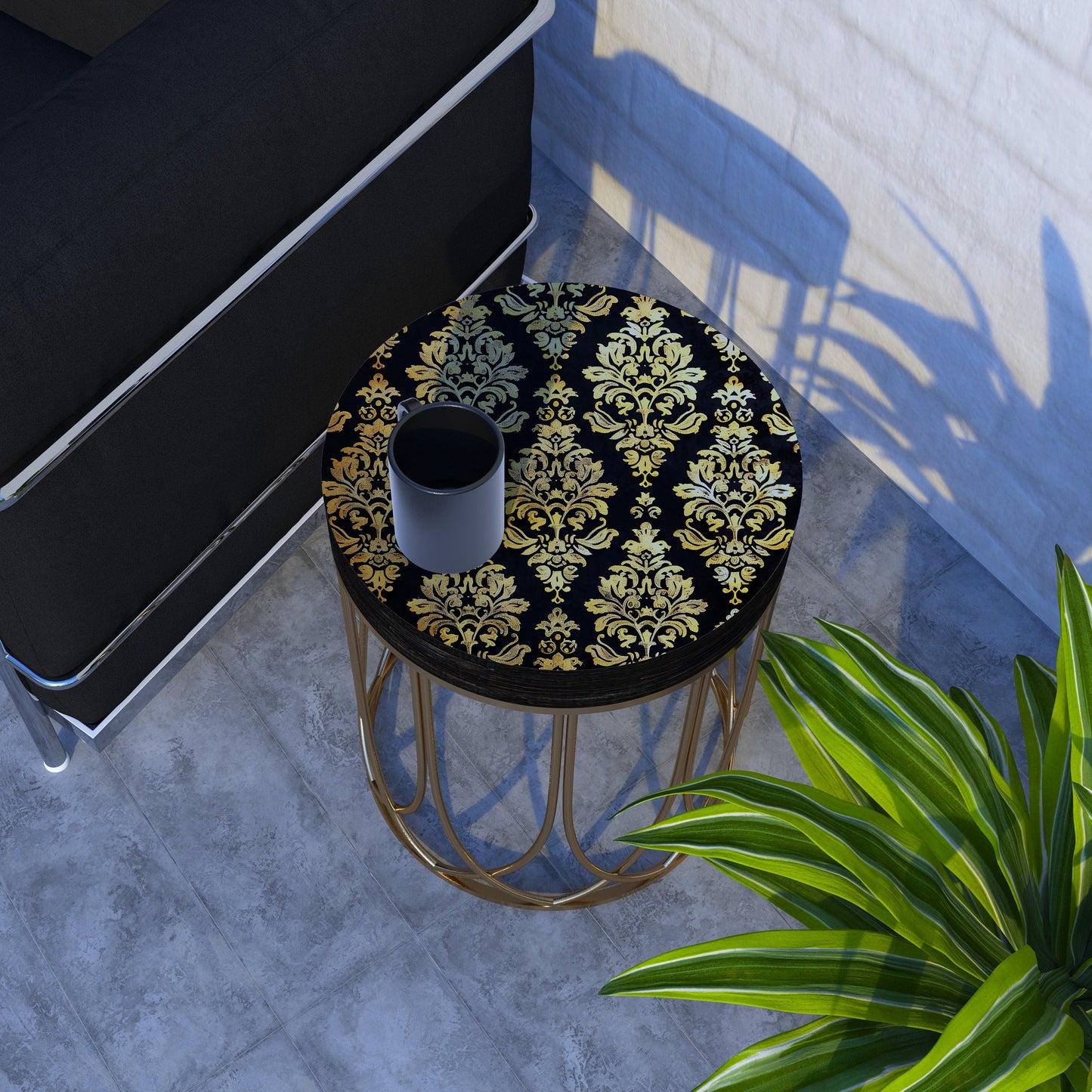 Black & Gold Victorian Pattern Accent Table, 14_ Diameter, 17_ High, Round End Table, UV Print Wood and Metal Construction