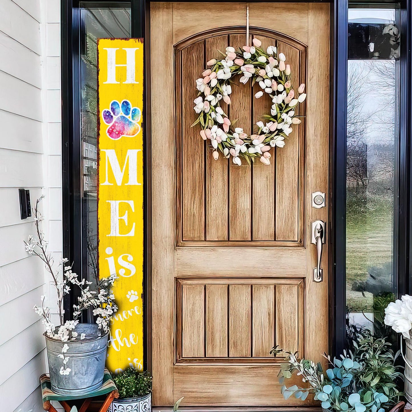 72in Home is Where the Dog Is Porch Sign - Front Porch Sign with Furry Friend Decoration, Yellow Rustic Farmhouse Pet Decor for Outdoor