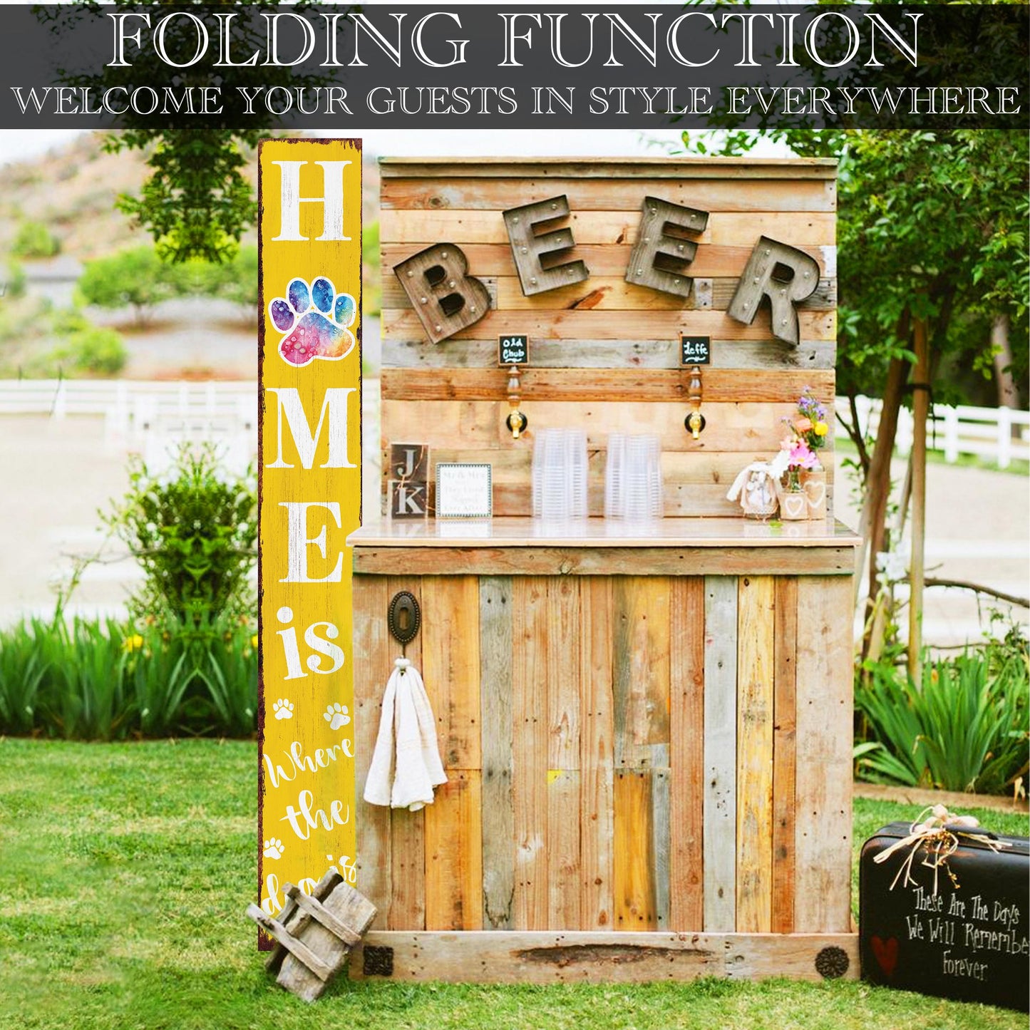 72in Home is Where the Dog Is Porch Sign - Front Porch Sign with Furry Friend Decoration, Yellow Rustic Farmhouse Pet Decor for Outdoor
