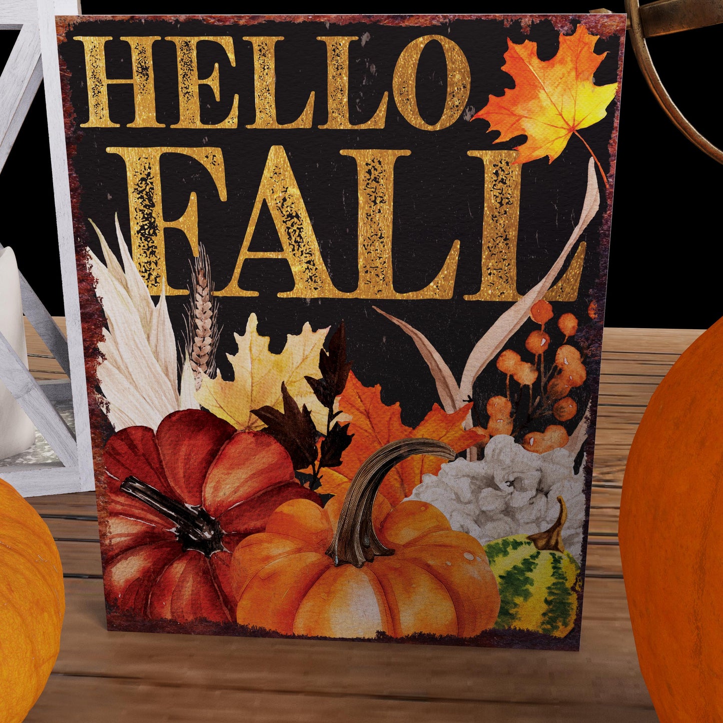 15in Hello Fall Table Decor | Wooden Autumn Tabletop Sign | Farmhouse Harvest Holiday Indoor Decor