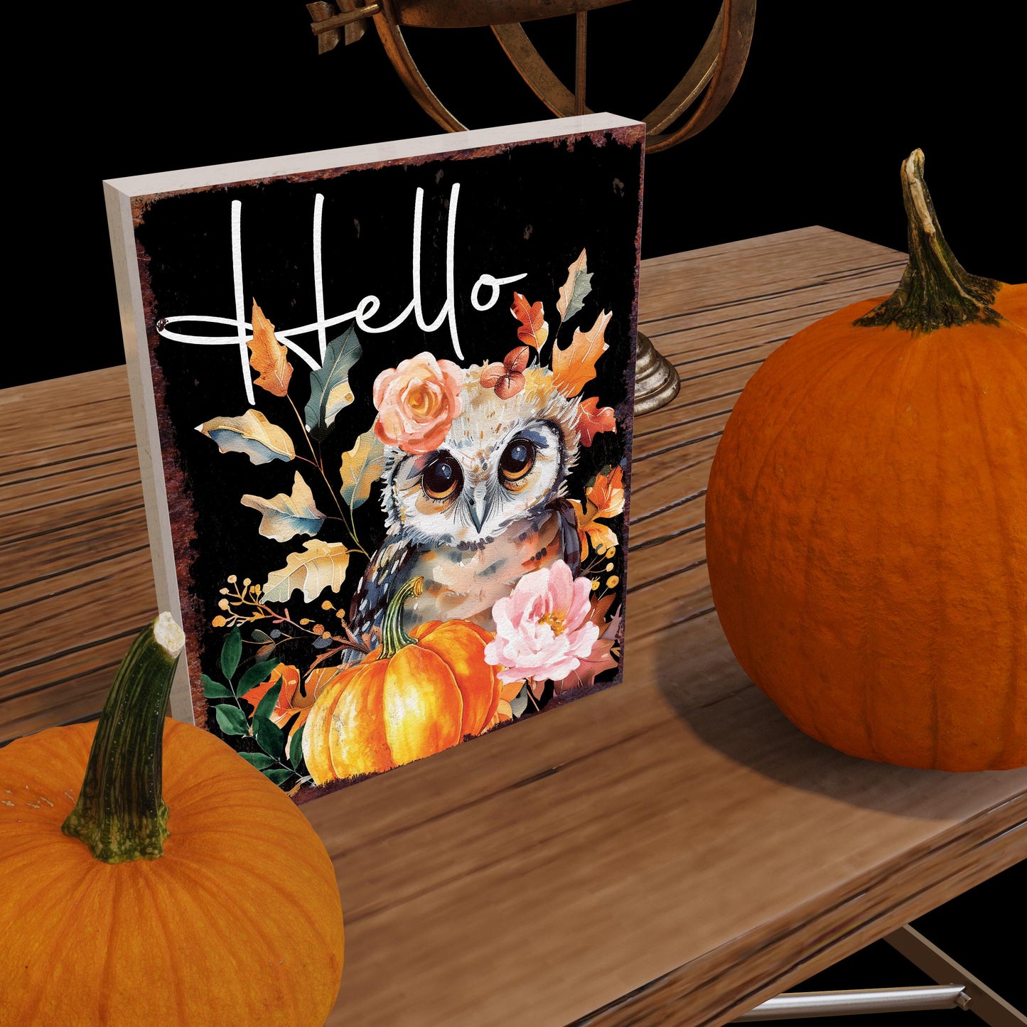 15in Hello Fall Owl Table Decor | Fall Wooden Tabletop Sign | Farmhouse Harvest Holiday Indoor Decor