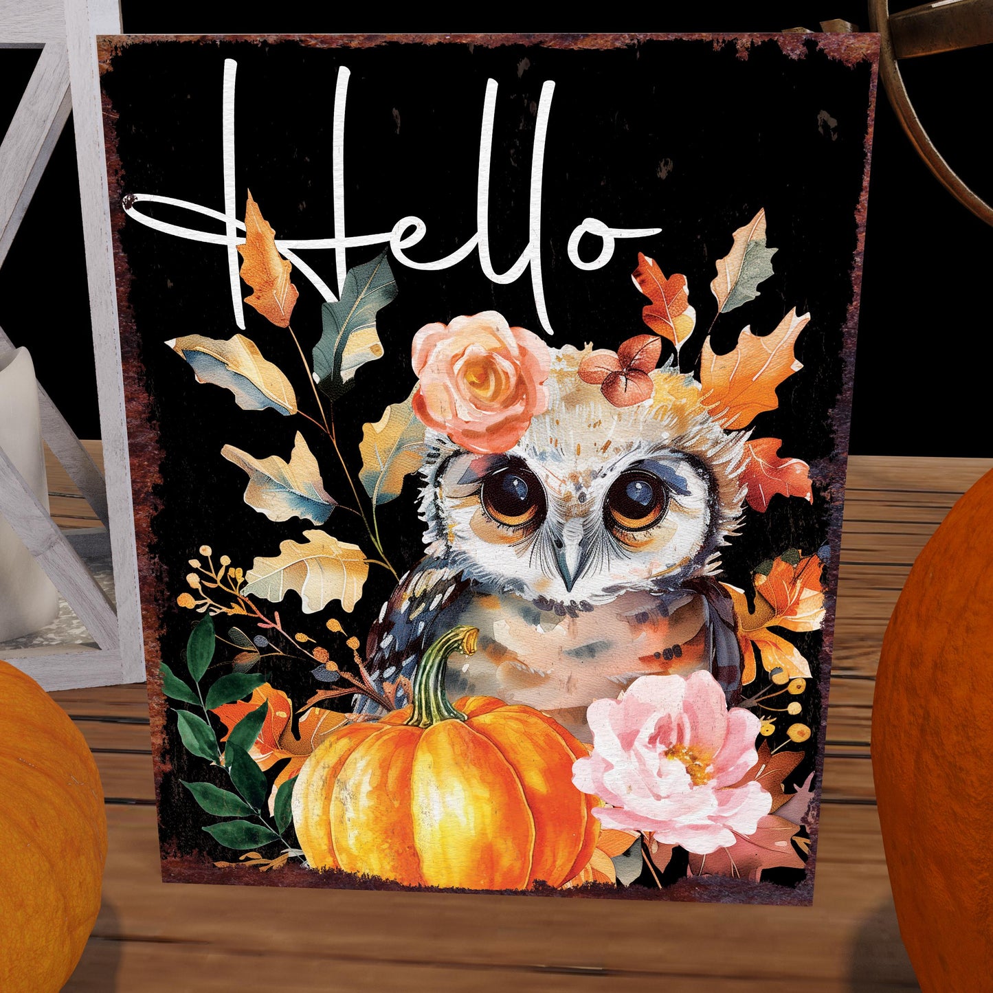 15in Hello Fall Owl Table Decor | Fall Wooden Tabletop Sign | Farmhouse Harvest Holiday Indoor Decor