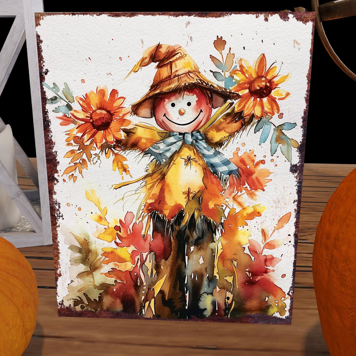 15in Fall Scarecrow Table Decor - Wooden Fall Decor Autumn Tabletop Sign Decor for Home, Farmhouse Harvest Holiday Indoor Party Decor