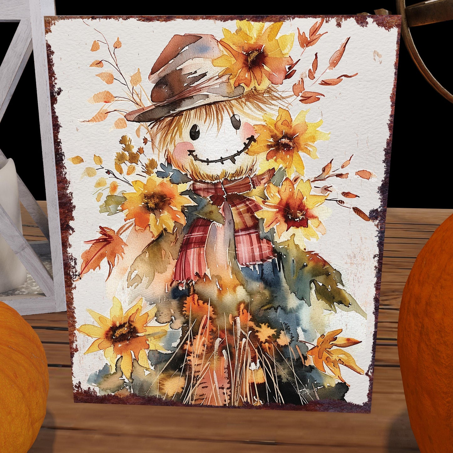 15in Fall Scarecrow Table Decor | Autumn Tabletop Sign | Wooden Farmhouse Harvest Holiday Indoor Decor