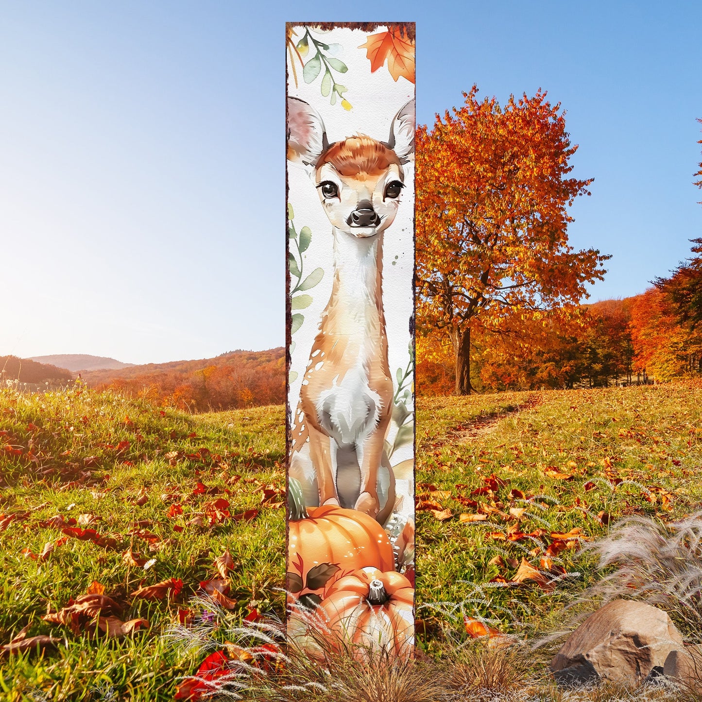 42in Fall Garden Stake | Watercolor Fall Baby Deer Decor | Ideal for Outdoor Decor | Yard Art and Garden Decorative