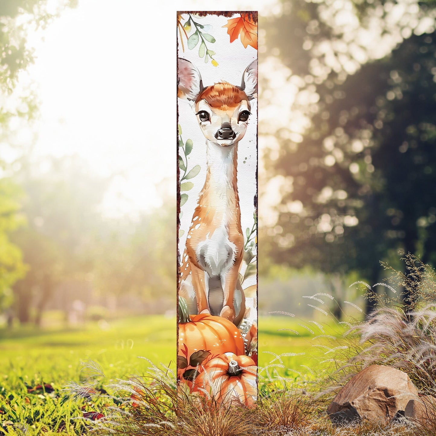 42in Fall Garden Stake | Watercolor Fall Baby Deer Decor | Ideal for Outdoor Decor | Yard Art and Garden Decorative