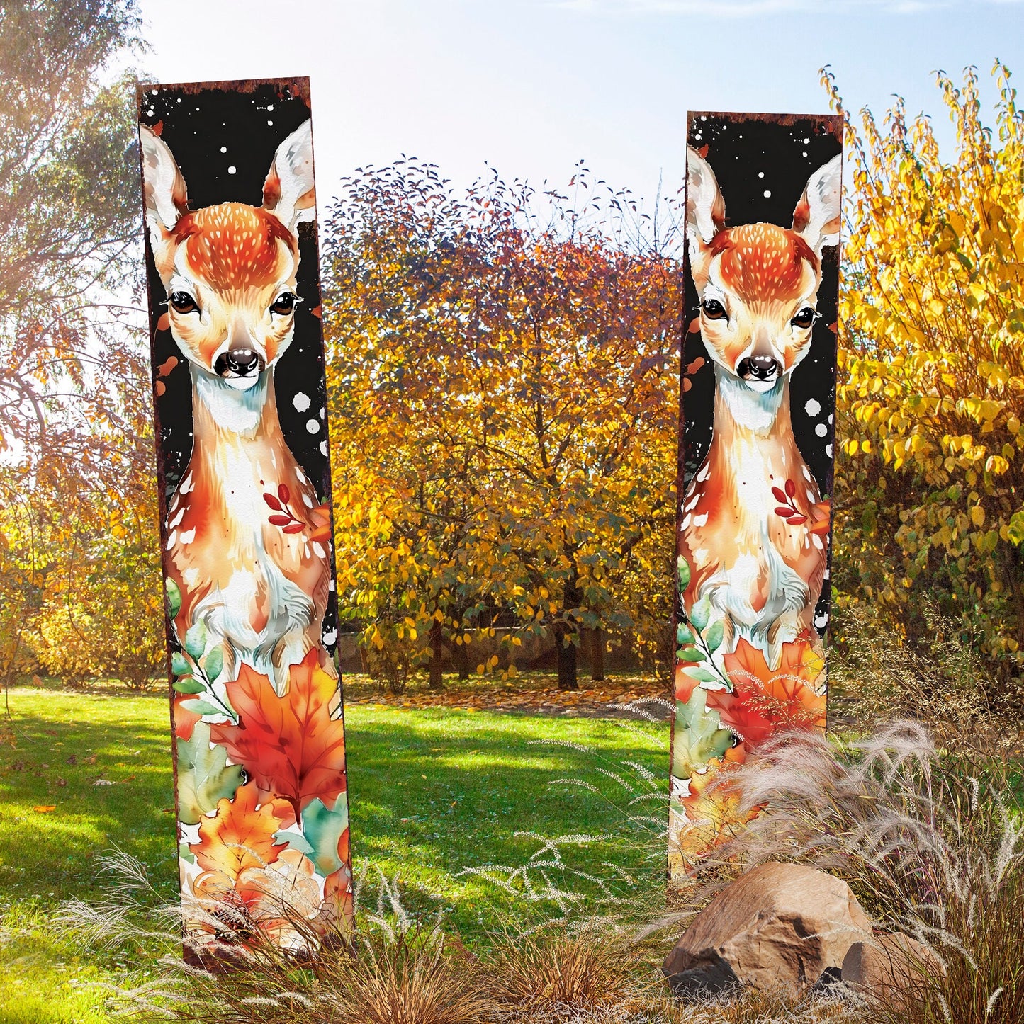42in Fall Garden Stake - Watercolor Fall Baby Deer Decor - Ideal for Outdoor Decor | Yard Art and Garden Decorative
