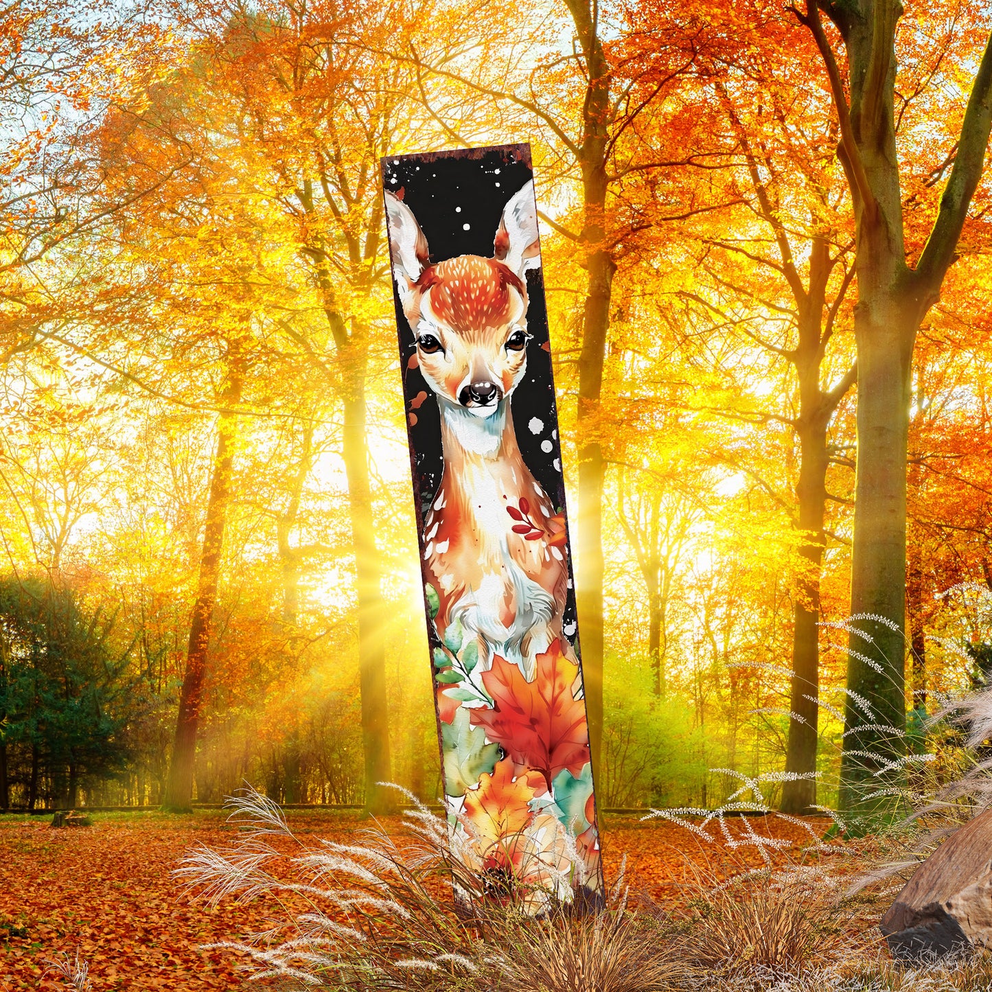 42in Fall Garden Stake - Watercolor Fall Baby Deer Decor - Ideal for Outdoor Decor | Yard Art and Garden Decorative