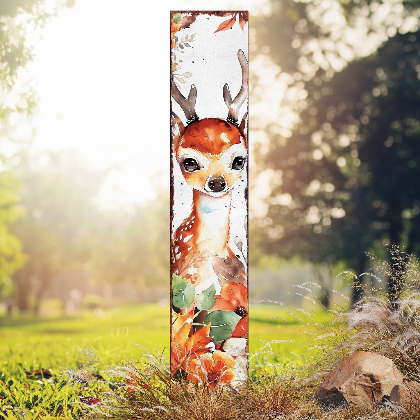 42in Fall Garden Stake - Watercolor Fall Baby Deer Decor - Ideal for Outdoor Decor - Yard Art and Garden Decorative