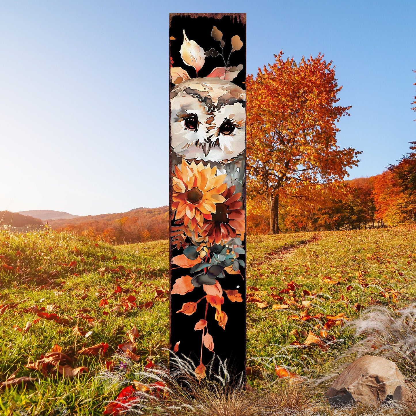 42in Fall Garden Stake with Watercolor Baby Owl - Perfect for Outdoor Decor, Yard Art, and Garden Decoration - Autumn Garden Accent