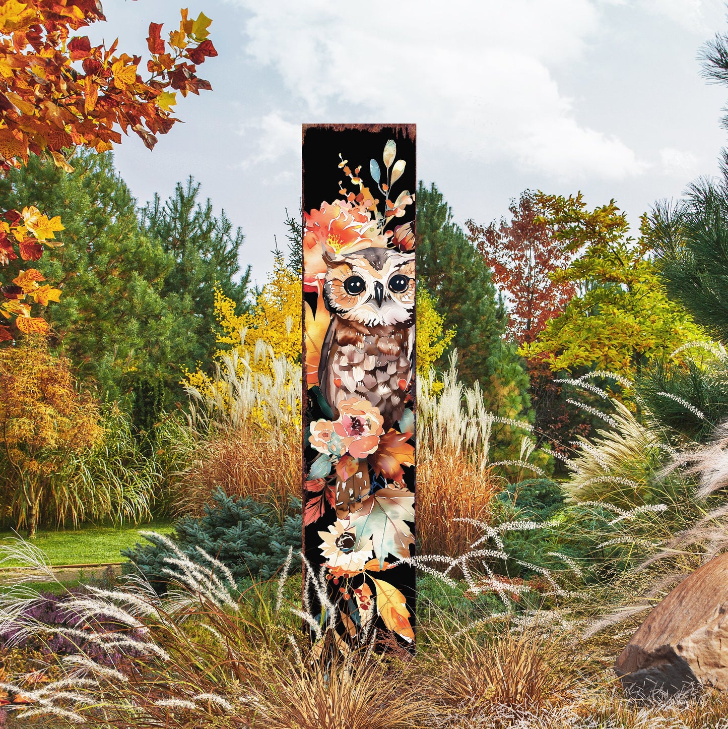 42in Fall Garden Stake - Watercolor Baby Owl - Perfect for Outdoor Decor- Yard Art - and Garden Decoration - Autumn Garden Accent