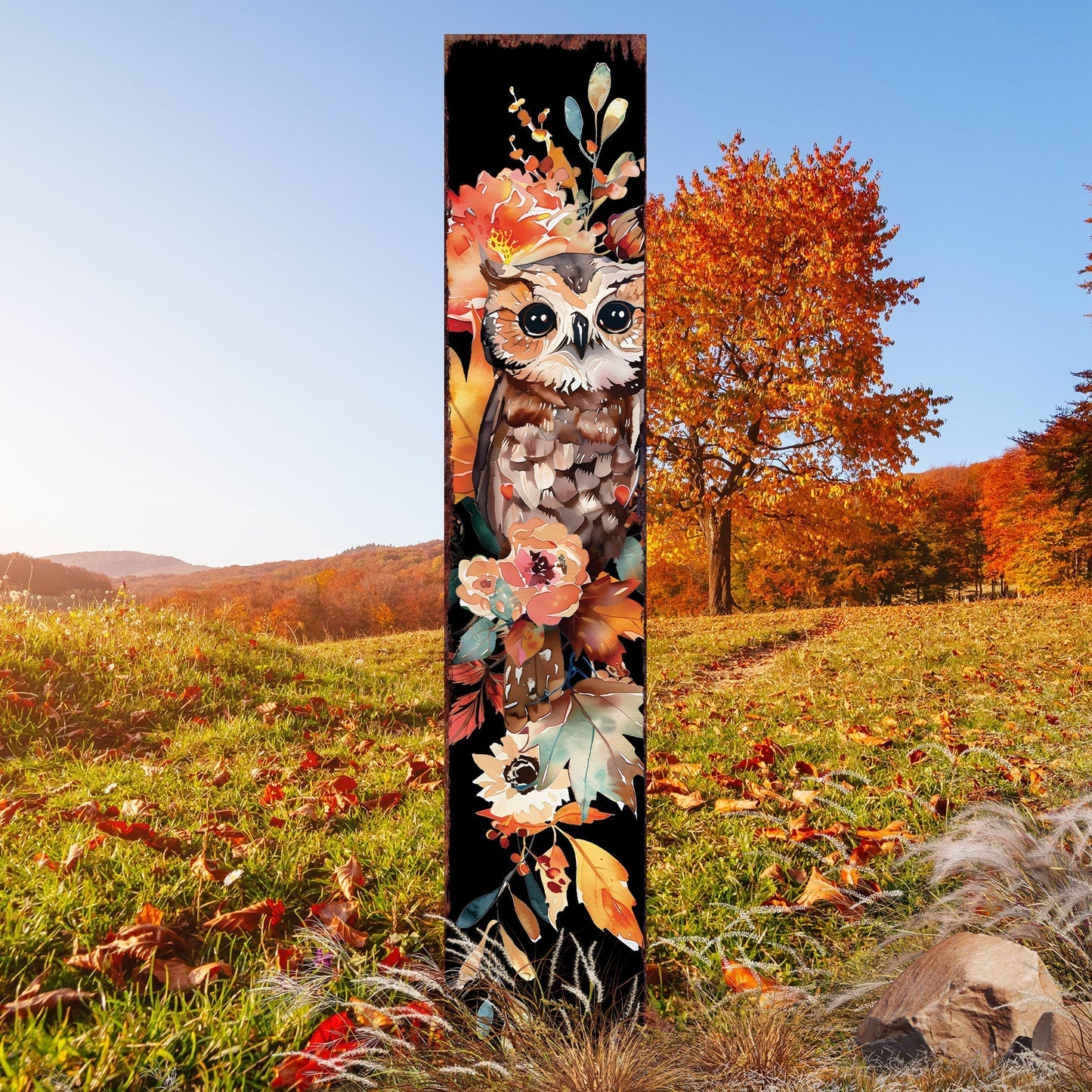 42in Fall Garden Stake - Watercolor Baby Owl - Perfect for Outdoor Decor- Yard Art - and Garden Decoration - Autumn Garden Accent