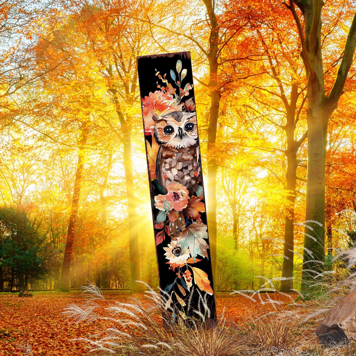 42in Fall Garden Stake - Watercolor Baby Owl - Perfect for Outdoor Decor- Yard Art - and Garden Decoration - Autumn Garden Accent