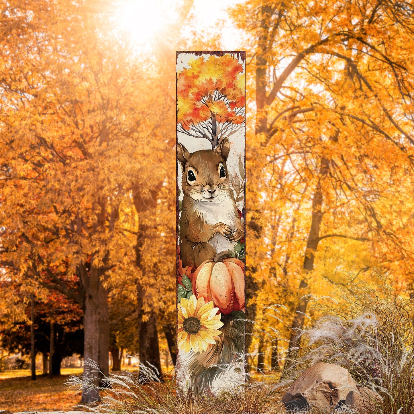 42-inch Fall Garden Stake - Watercolor Baby Squirrel | Perfect for Outdoor Decor | Yard Art and Garden Decoration | Autumn Garden Accent