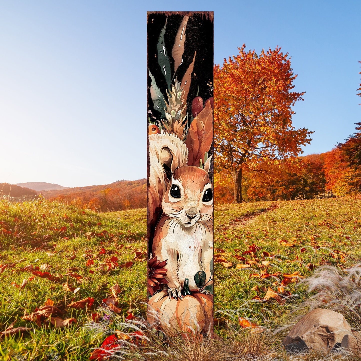 42-inch Fall Garden Stake - Watercolor Baby Squirrel - Perfect for Outdoor Decor - Yard Art and Garden Decoration | Autumn Garden Accent