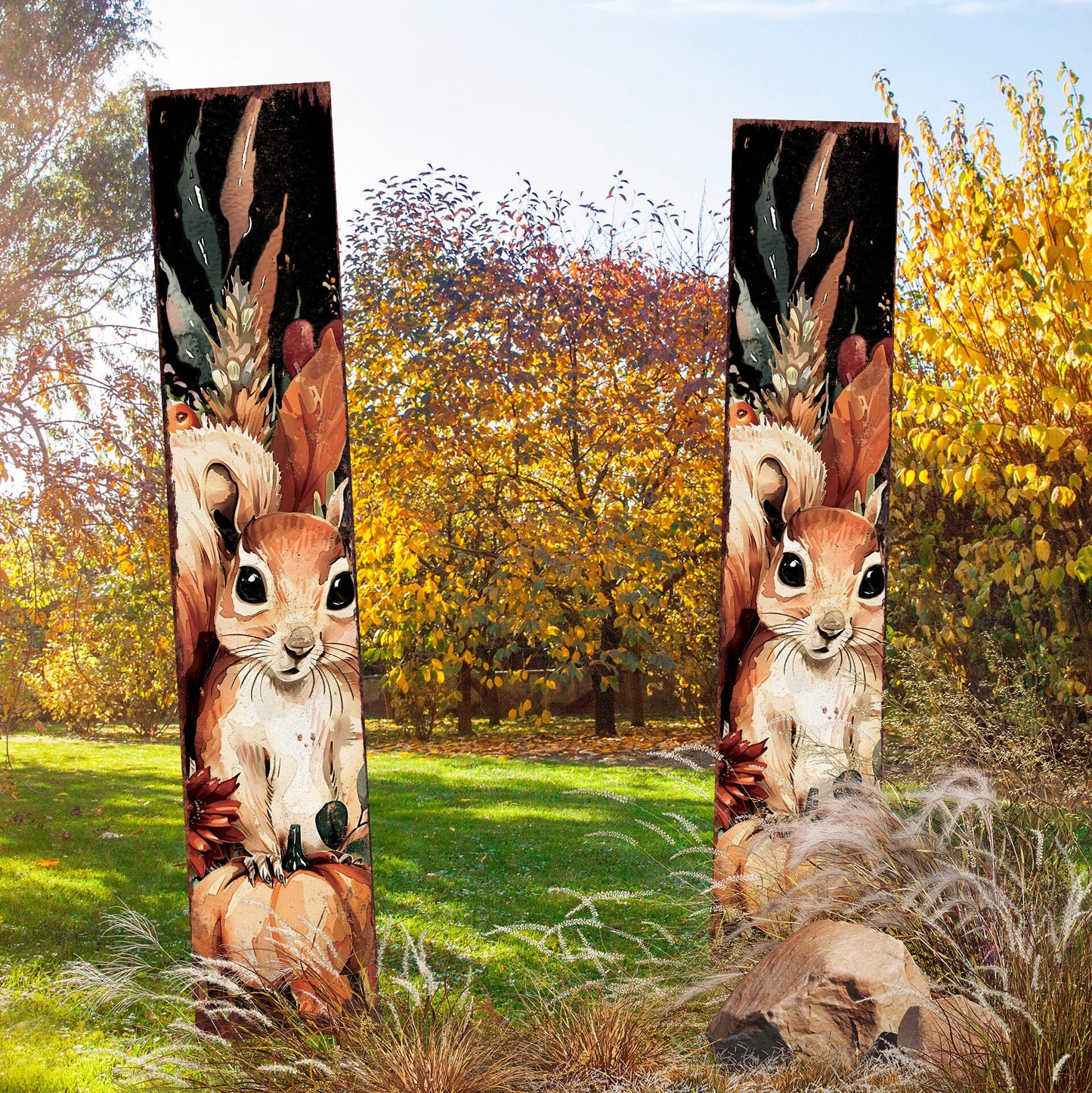 42-inch Fall Garden Stake - Watercolor Baby Squirrel - Perfect for Outdoor Decor - Yard Art and Garden Decoration | Autumn Garden Accent