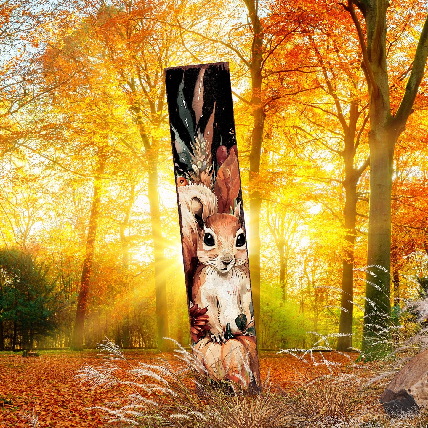42-inch Fall Garden Stake - Watercolor Baby Squirrel - Perfect for Outdoor Decor - Yard Art and Garden Decoration | Autumn Garden Accent