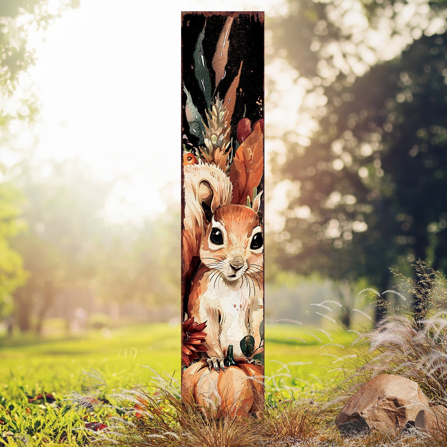42-inch Fall Garden Stake - Watercolor Baby Squirrel - Perfect for Outdoor Decor - Yard Art and Garden Decoration | Autumn Garden Accent