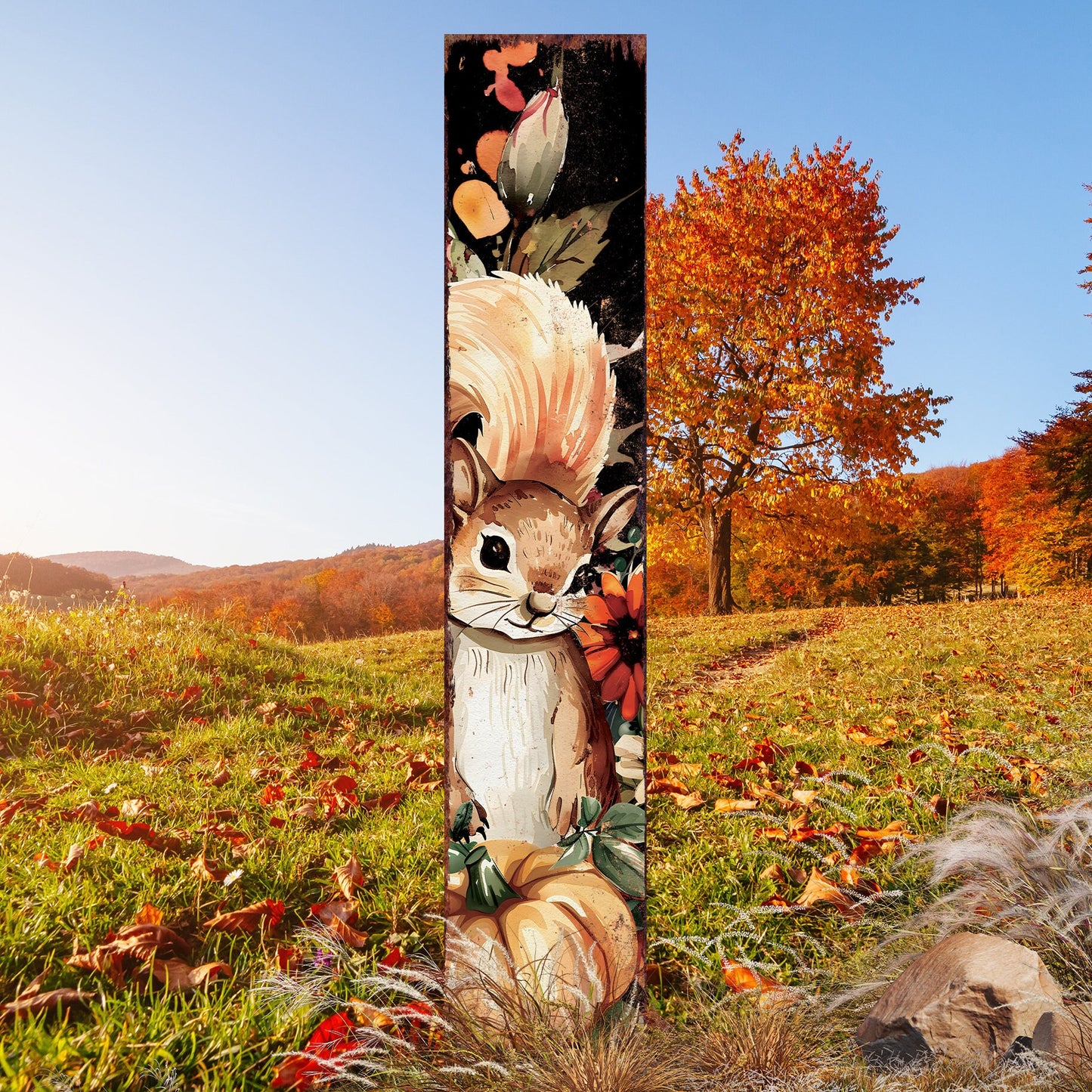 42-inch Fall Garden Stake - Watercolor Baby Squirrel - Perfect for Outdoor Decor - Yard Art and Garden Decoration - Autumn Garden Accent