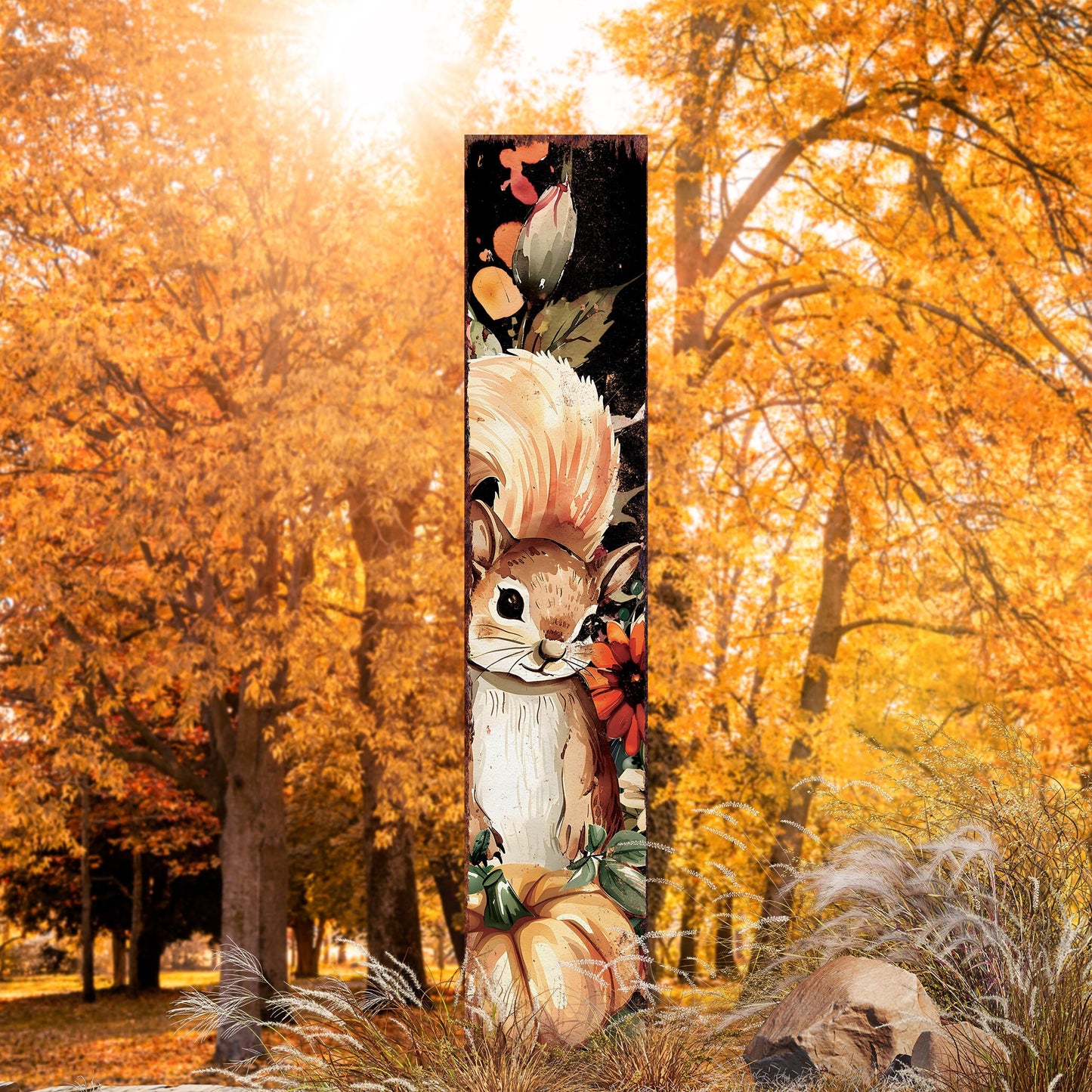 42-inch Fall Garden Stake - Watercolor Baby Squirrel - Perfect for Outdoor Decor - Yard Art and Garden Decoration - Autumn Garden Accent