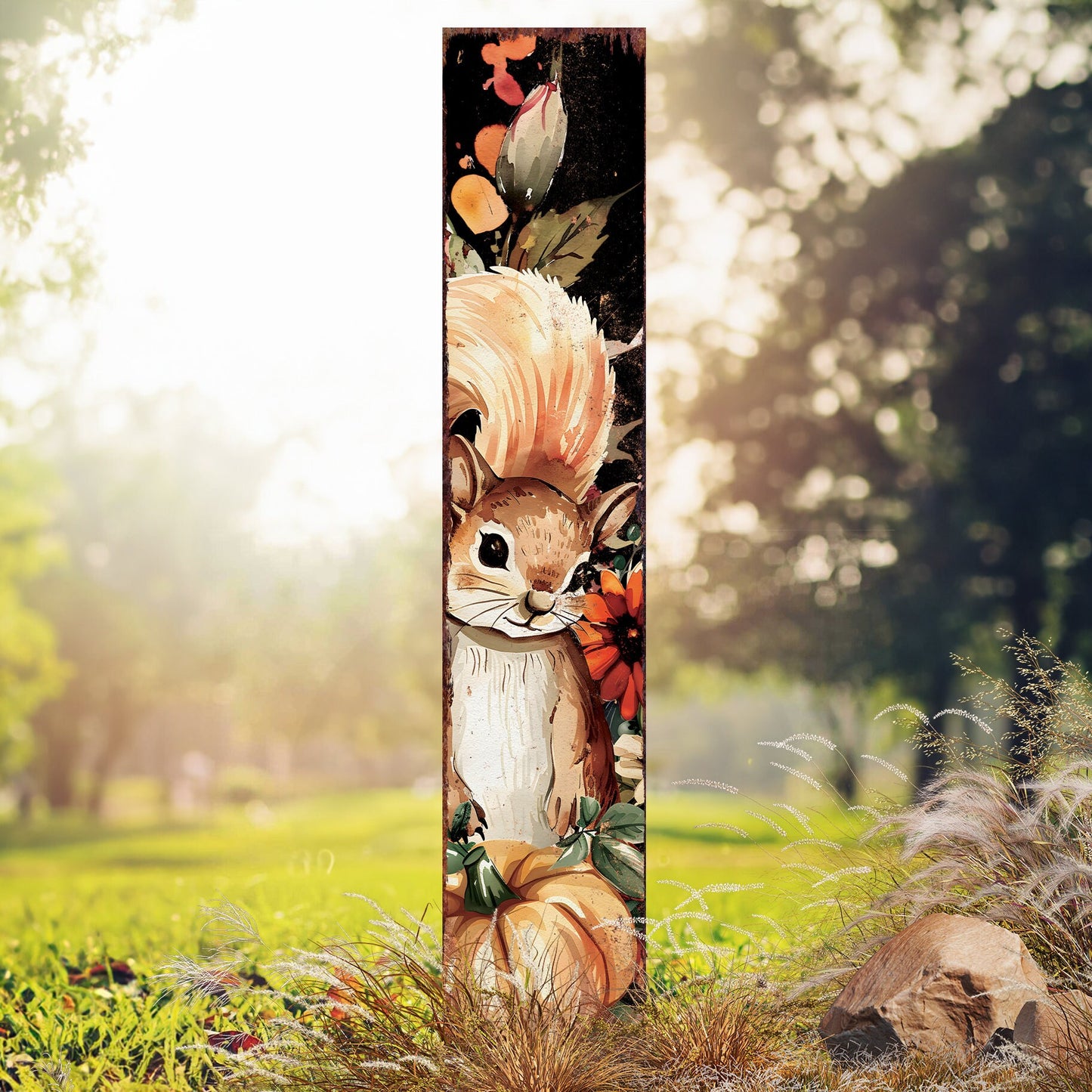 42-inch Fall Garden Stake - Watercolor Baby Squirrel - Perfect for Outdoor Decor - Yard Art and Garden Decoration - Autumn Garden Accent