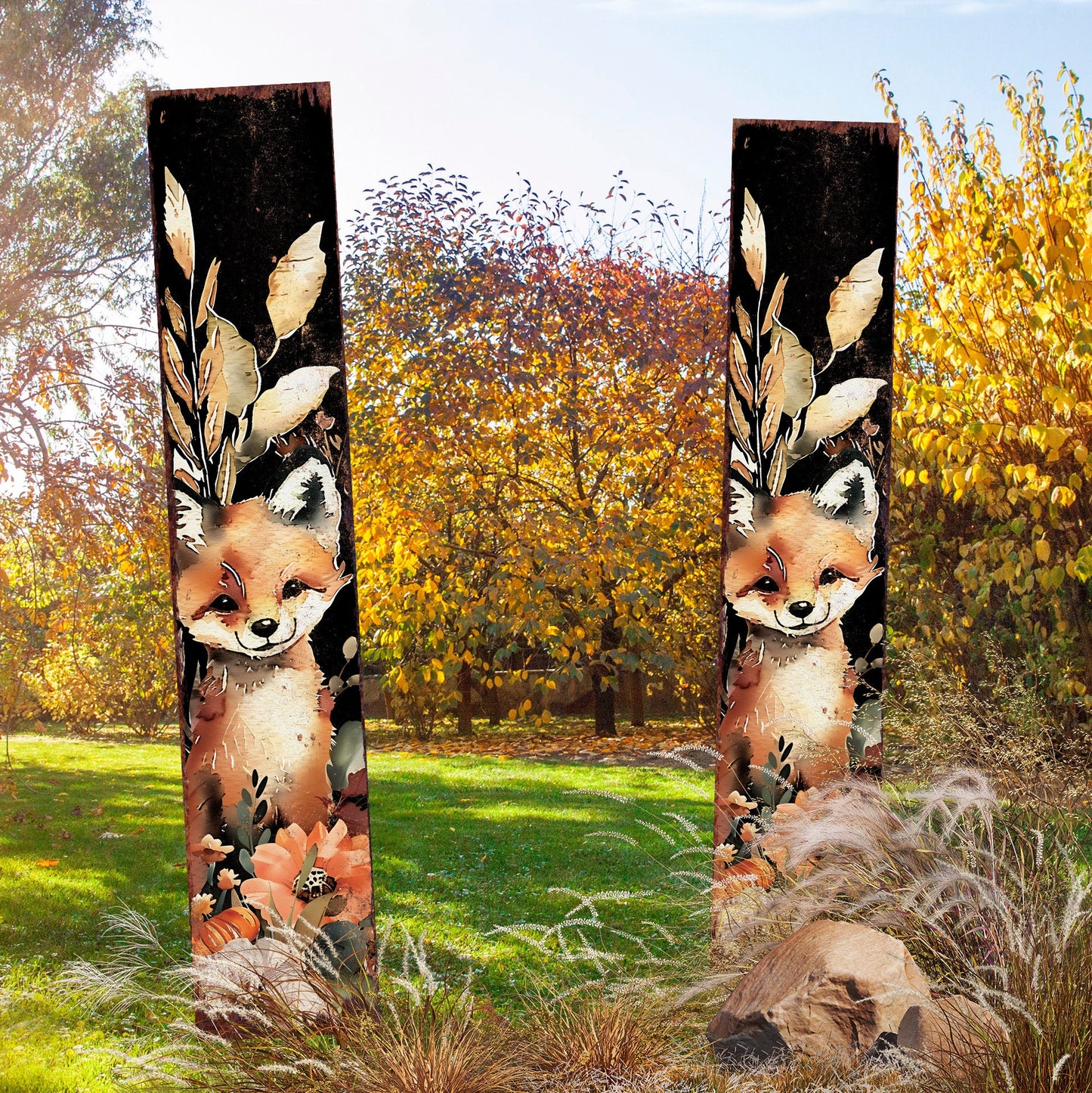 42-inch Fall Garden Stake | Watercolor Foxy | Perfect for Outdoor Decor | Yard Art and Garden Decoration | Autumn Garden Accent