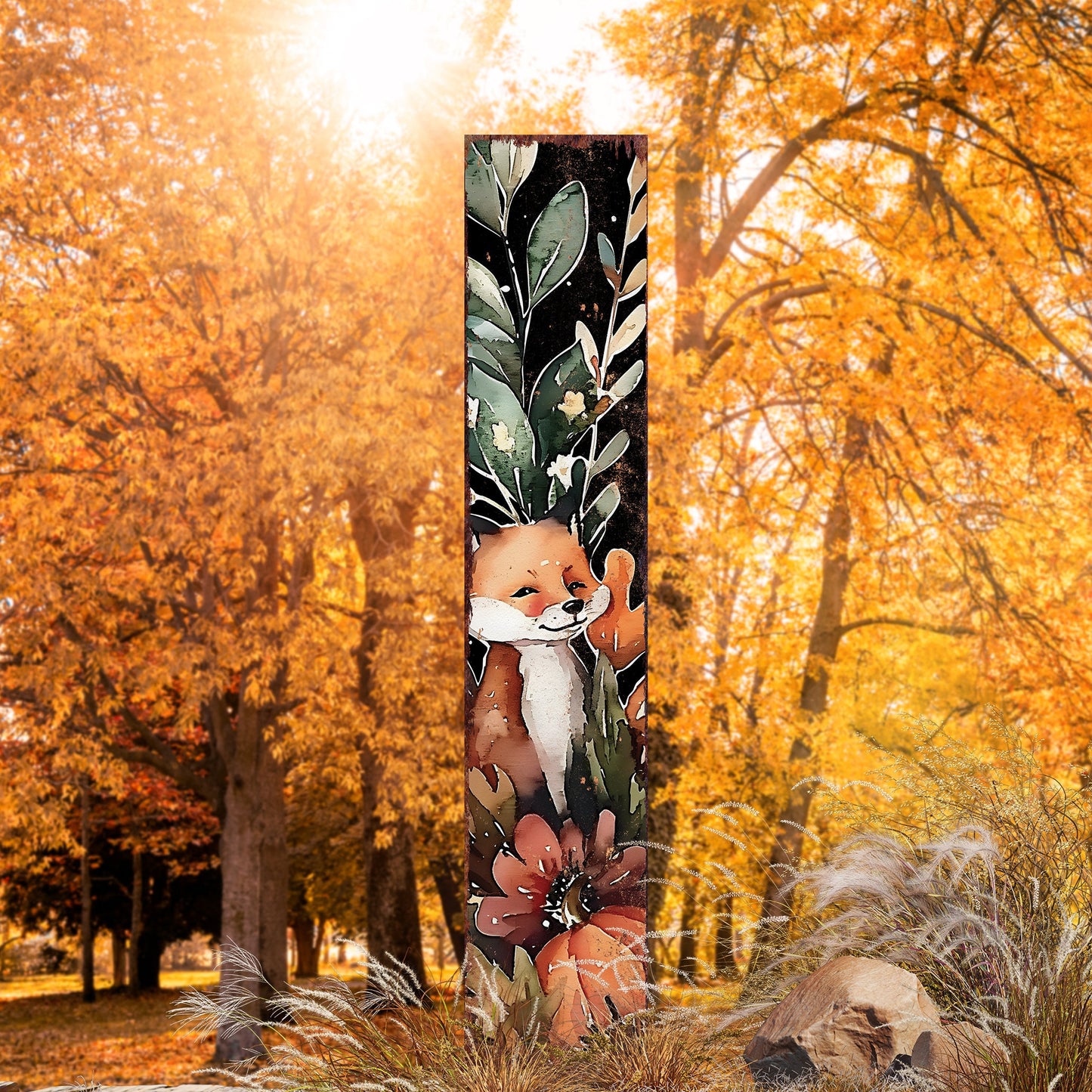 42-inch Fall Garden Stake - Watercolor Foxy | Perfect for Outdoor Decor | Yard Art and Garden Decoration | Autumn Garden Accent