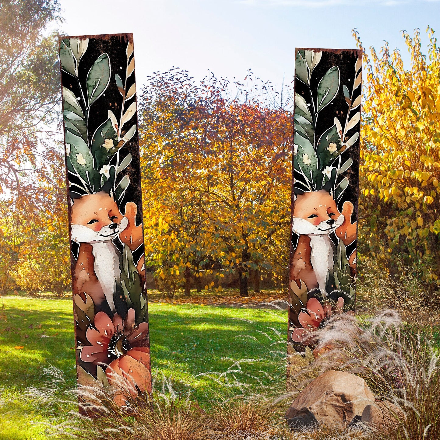 42-inch Fall Garden Stake - Watercolor Foxy | Perfect for Outdoor Decor | Yard Art and Garden Decoration | Autumn Garden Accent