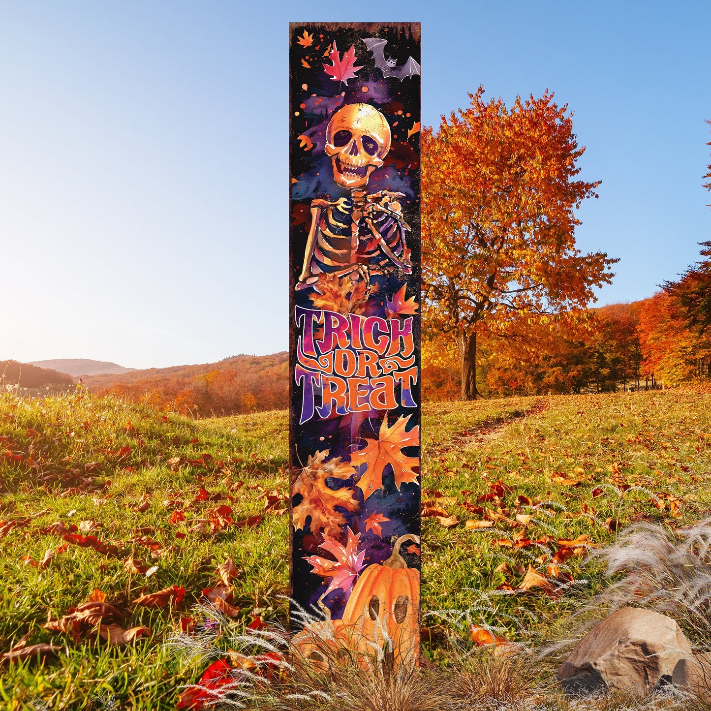 42-inch Trick or Treat Watercolor Skeleton Garden Stake | Halloween Decor - Perfect for Outdoor Decor on Patio and Lawn Decor