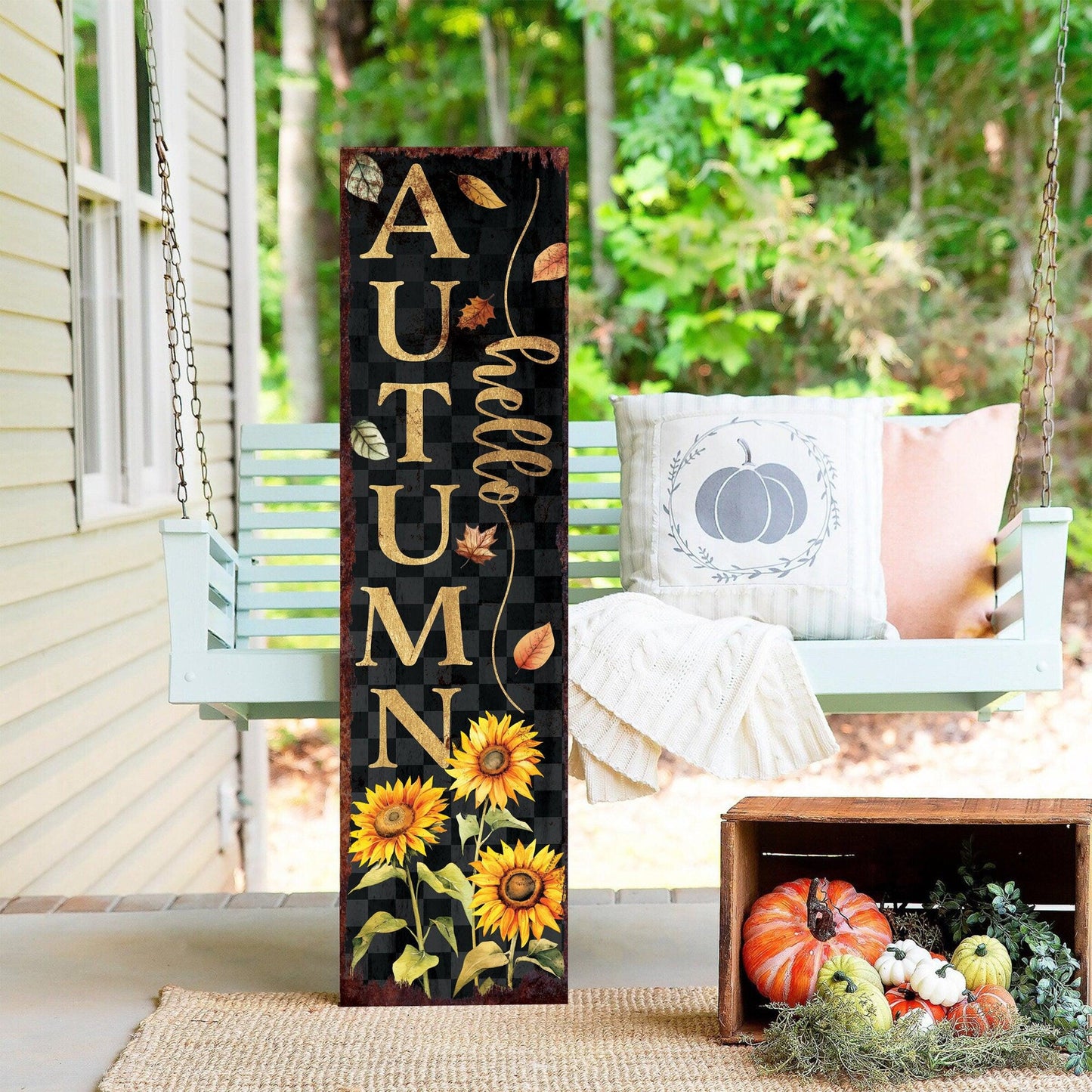 48in Hello Autumn Porch Sign - Front Porch Fall Welcome Sign with Vintage Autumn Decoration | Entryway Fall Decor | Wood, UV Print