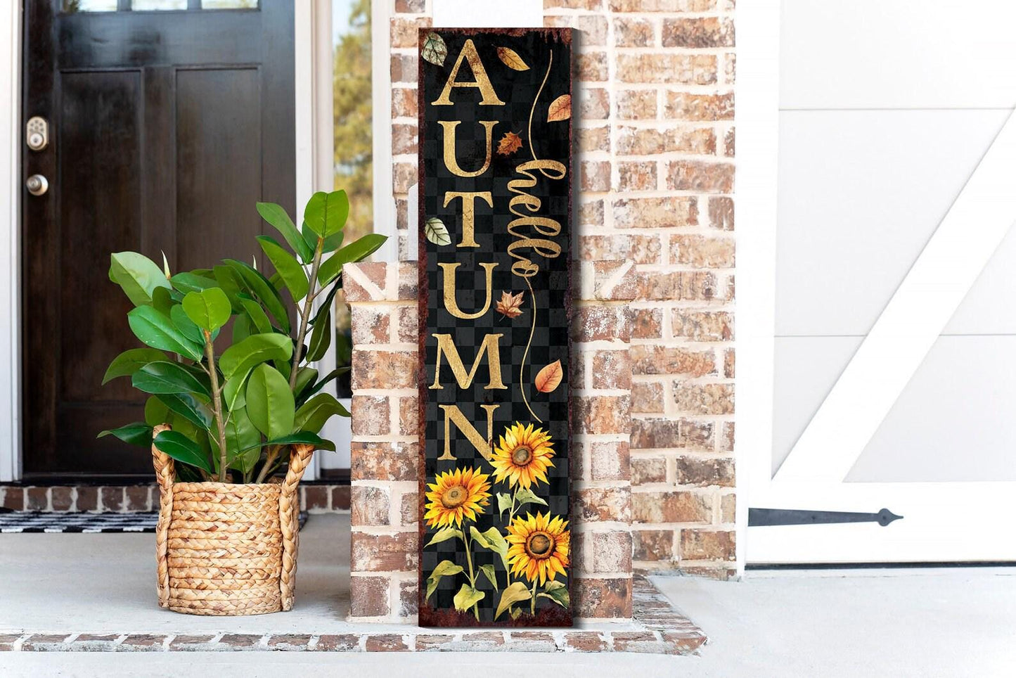 48in Hello Autumn Porch Sign - Front Porch Fall Welcome Sign with Vintage Autumn Decoration | Entryway Fall Decor | Wood, UV Print