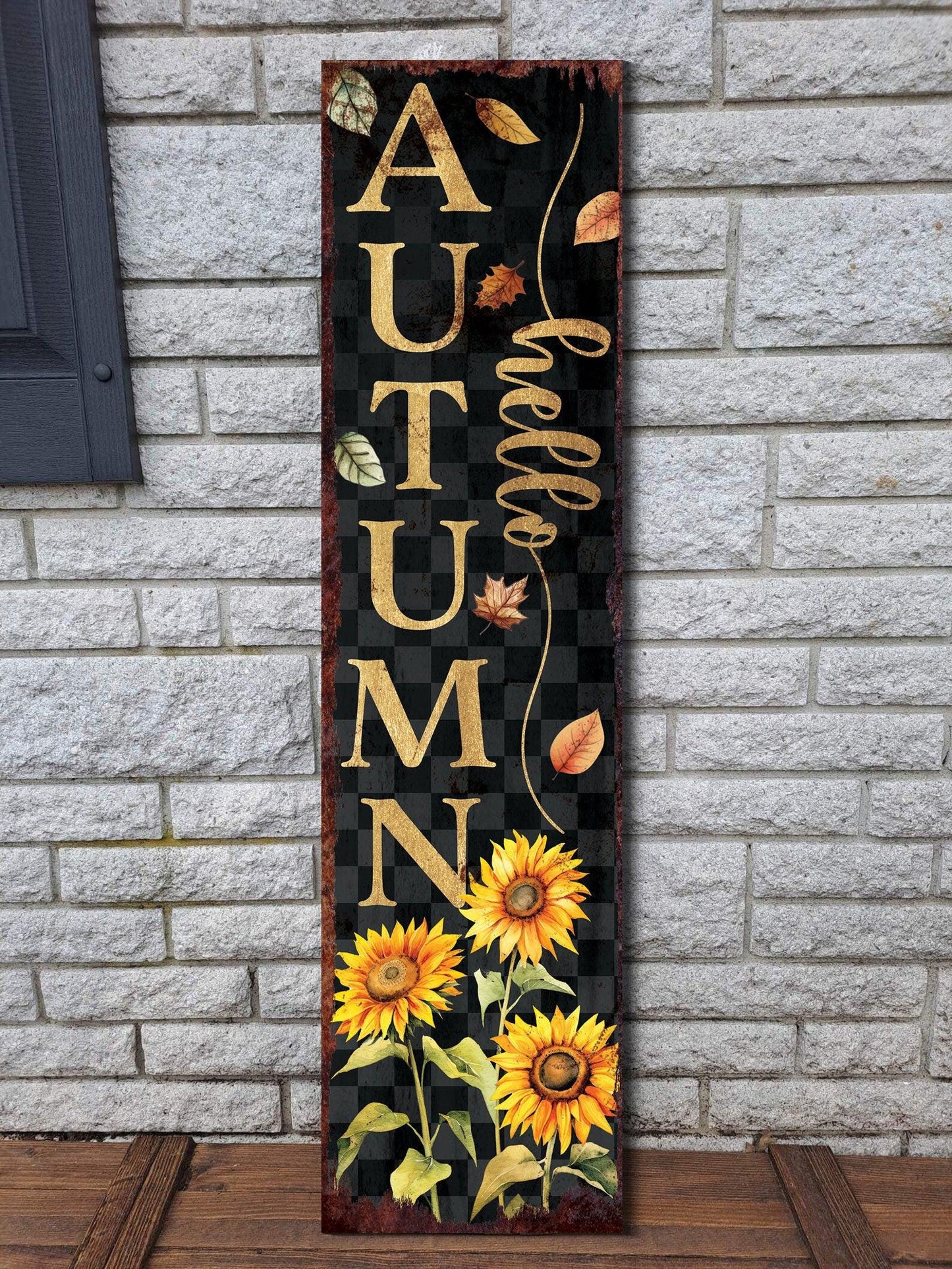 48in Hello Autumn Porch Sign - Front Porch Fall Welcome Sign with Vintage Autumn Decoration | Entryway Fall Decor | Wood, UV Print