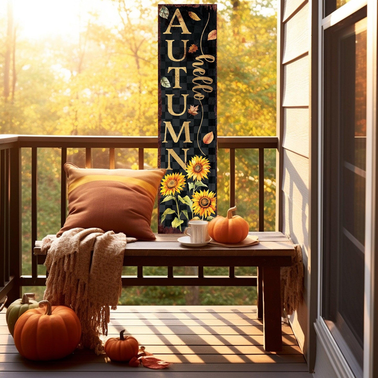 48in Hello Autumn Porch Sign - Front Porch Fall Welcome Sign with Vintage Autumn Decoration | Entryway Fall Decor | Wood, UV Print