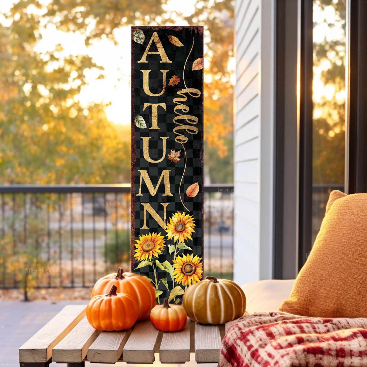 48in Hello Autumn Porch Sign - Front Porch Fall Welcome Sign with Vintage Autumn Decoration | Entryway Fall Decor | Wood, UV Print