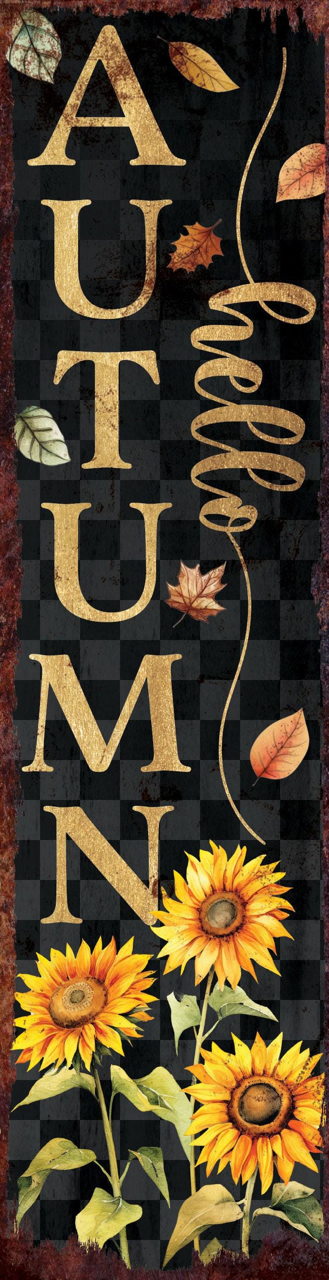 48in Hello Autumn Porch Sign - Front Porch Fall Welcome Sign with Vintage Autumn Decoration | Entryway Fall Decor | Wood, UV Print