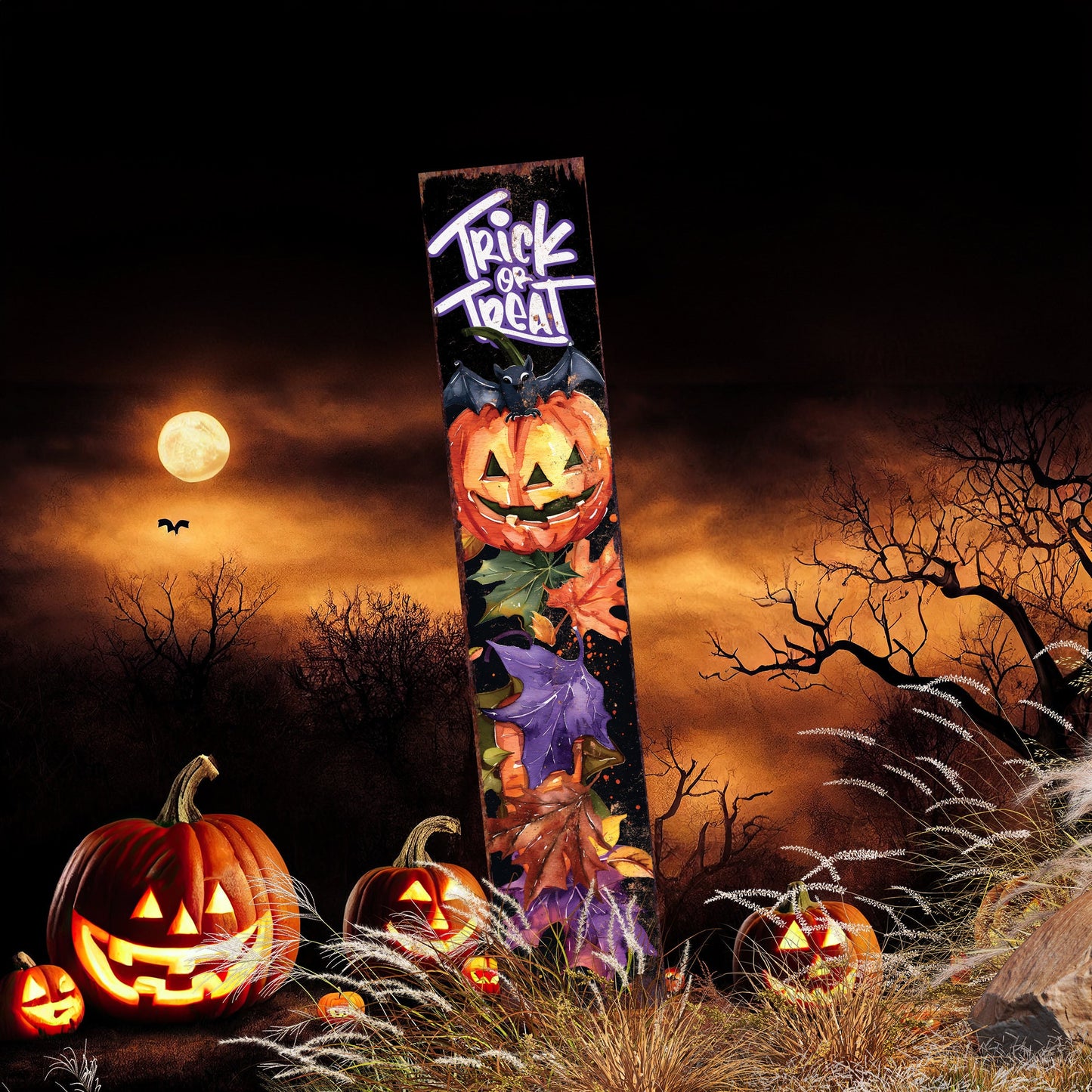 42-inch Trick or Treat Watercolor Pumpkin Garden Stake | Halloween Decor | Perfect for Outdoor Decor on Patio and Lawn Decor