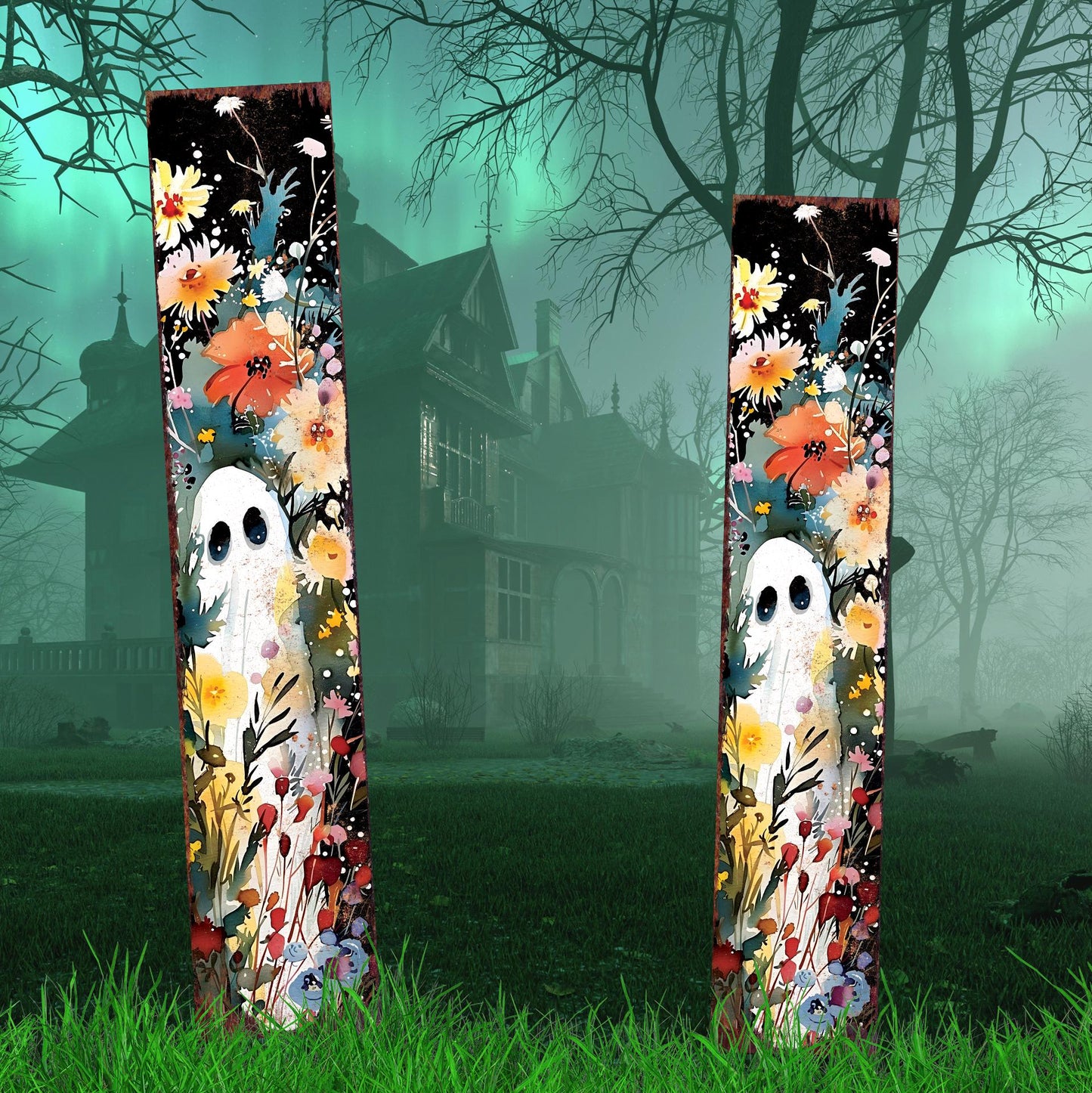 42in Halloween Watercolor - Ghost Wildflower Garden Stake - Wooden Halloween Decor | Perfect for Outdoor Decor on Patio & Lawn