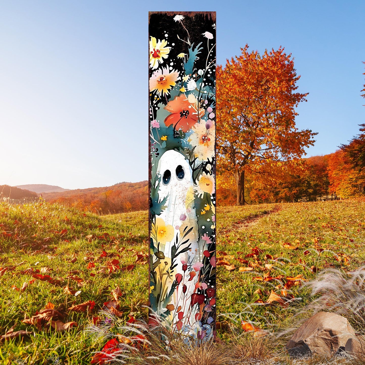 42in Halloween Watercolor - Ghost Wildflower Garden Stake - Wooden Halloween Decor | Perfect for Outdoor Decor on Patio & Lawn