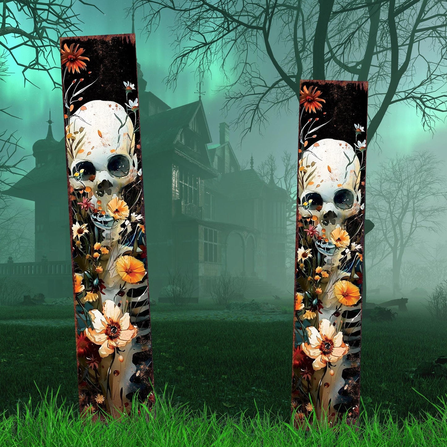 42in Halloween Garden Stake | Wooden Decor | Watercolor Skeleton | Outdoor Patio & Lawn Decoration - | Wildflower Halloween Decor