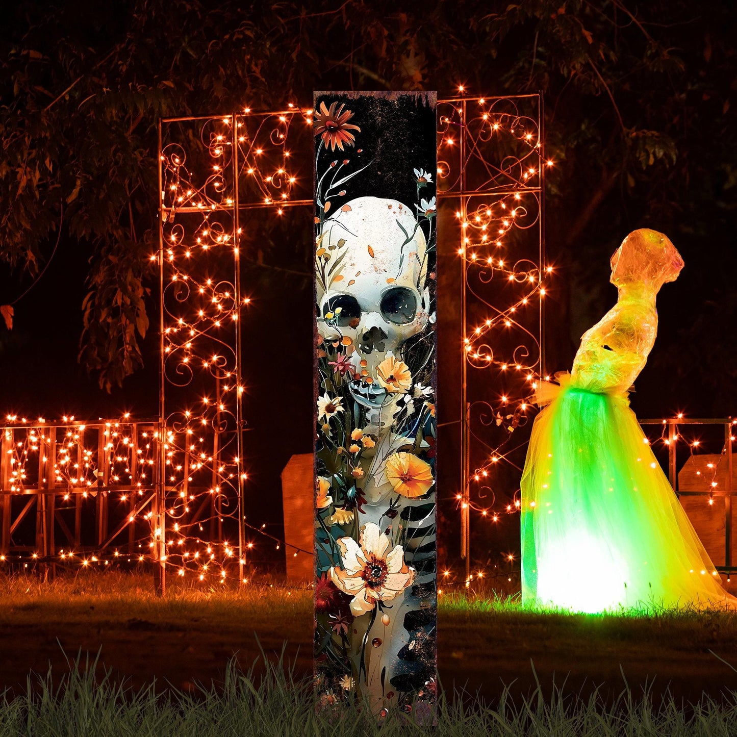 42in Halloween Garden Stake | Wooden Decor | Watercolor Skeleton | Outdoor Patio & Lawn Decoration - | Wildflower Halloween Decor