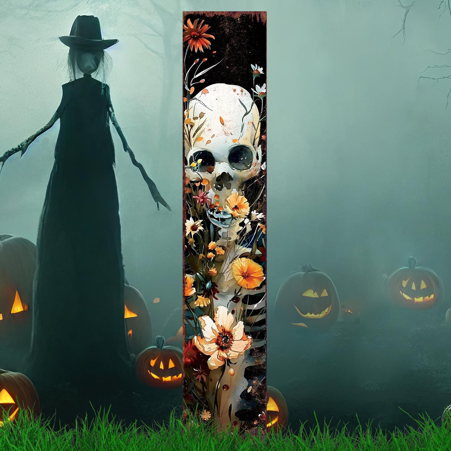 42in Halloween Garden Stake | Wooden Decor | Watercolor Skeleton | Outdoor Patio & Lawn Decoration - | Wildflower Halloween Decor