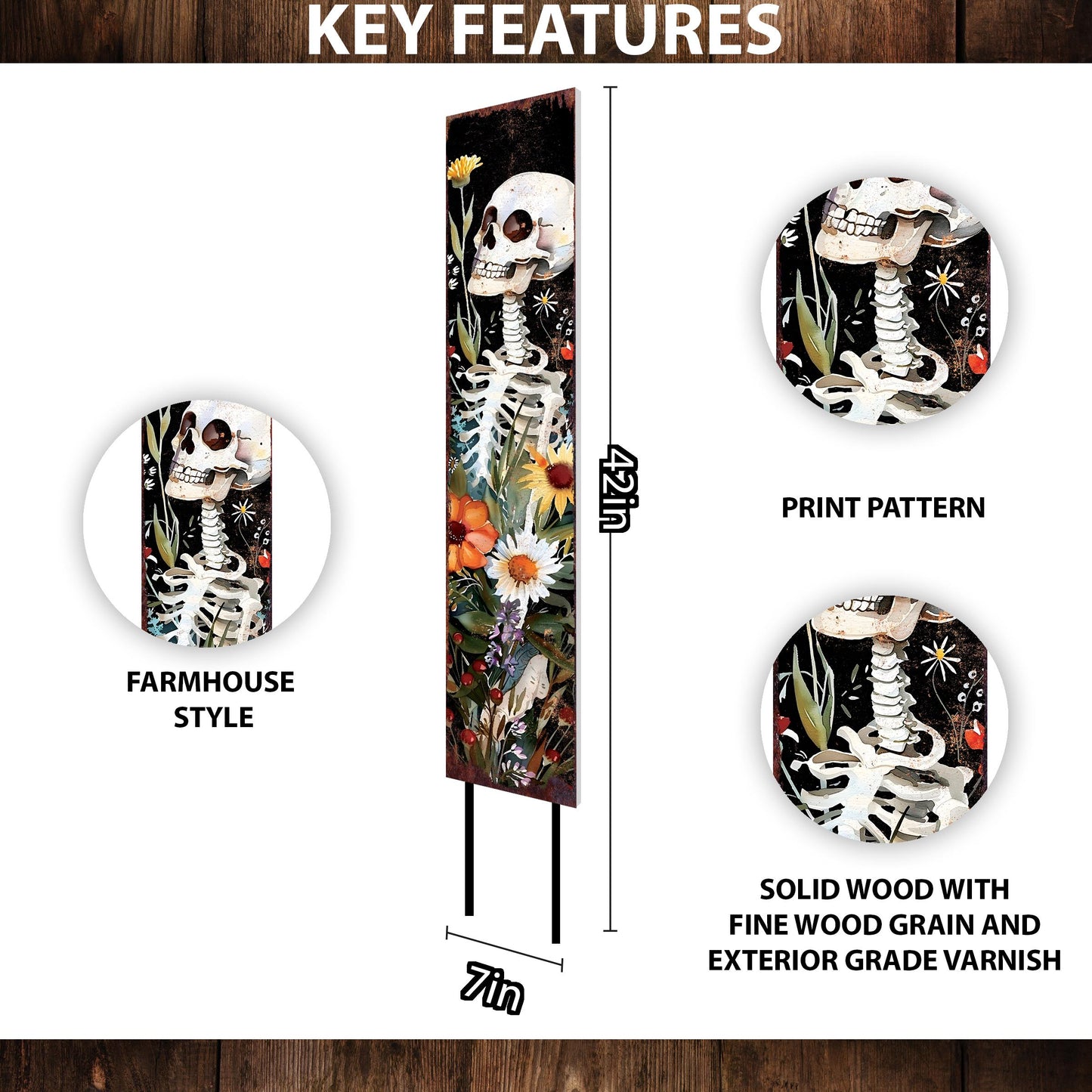 42in Halloween Garden Stake | Watercolor Skeleton | Outdoor Patio & Lawn Decoration - | Wildflower Halloween Decor|Wooden Decor