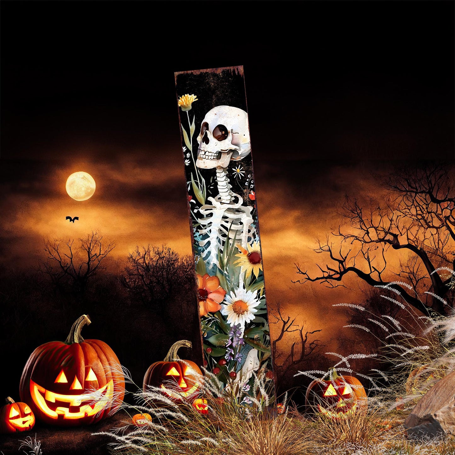 42in Halloween Garden Stake | Watercolor Skeleton | Outdoor Patio & Lawn Decoration - | Wildflower Halloween Decor|Wooden Decor