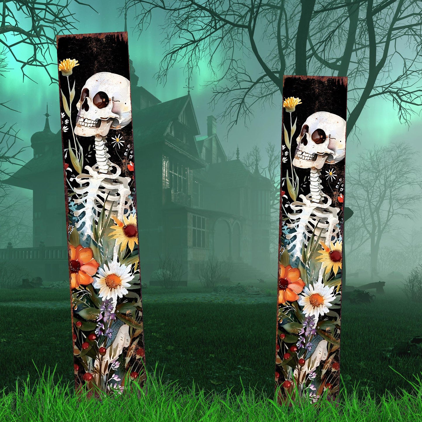 42in Halloween Garden Stake | Watercolor Skeleton | Outdoor Patio & Lawn Decoration - | Wildflower Halloween Decor|Wooden Decor