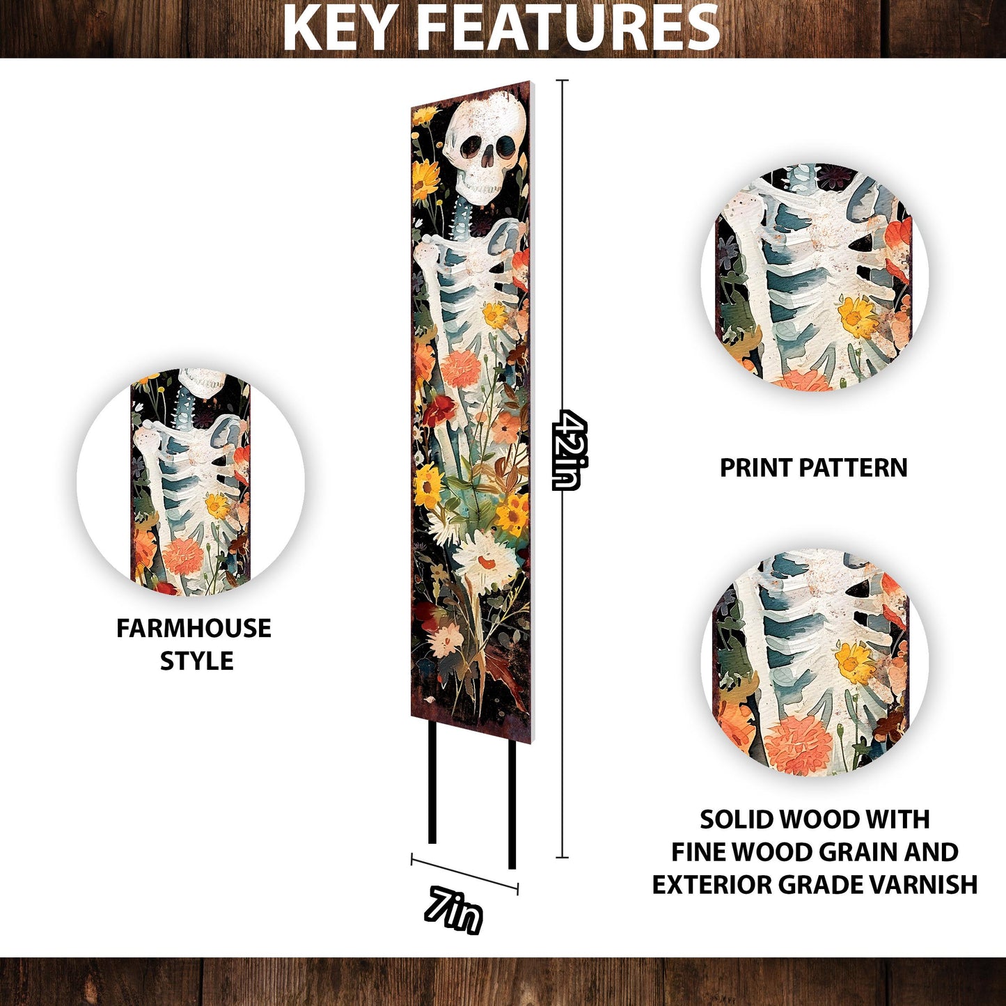 42in Halloween Garden Stake, Watercolor Skeleton, Wooden Outdoor Patio and Lawn Decoration, Wildflower Halloween Decor