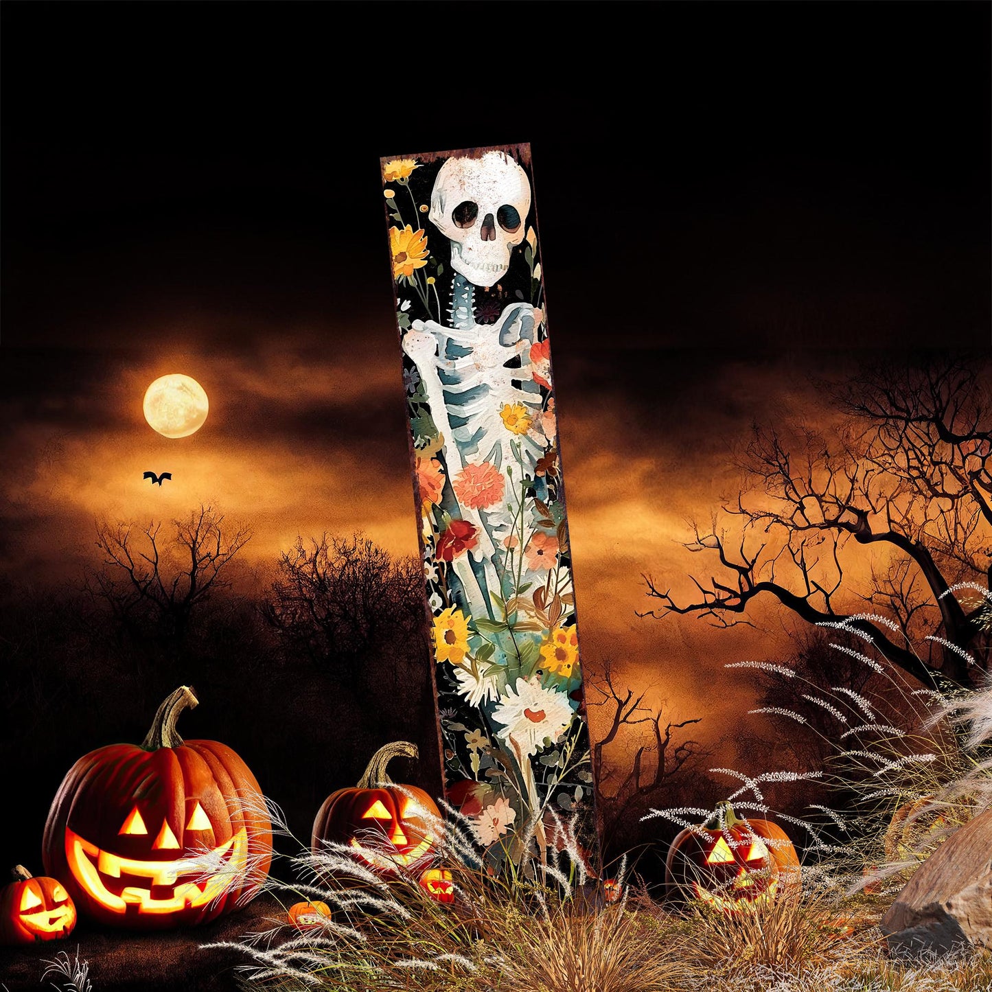 42in Halloween Garden Stake, Watercolor Skeleton, Wooden Outdoor Patio and Lawn Decoration, Wildflower Halloween Decor