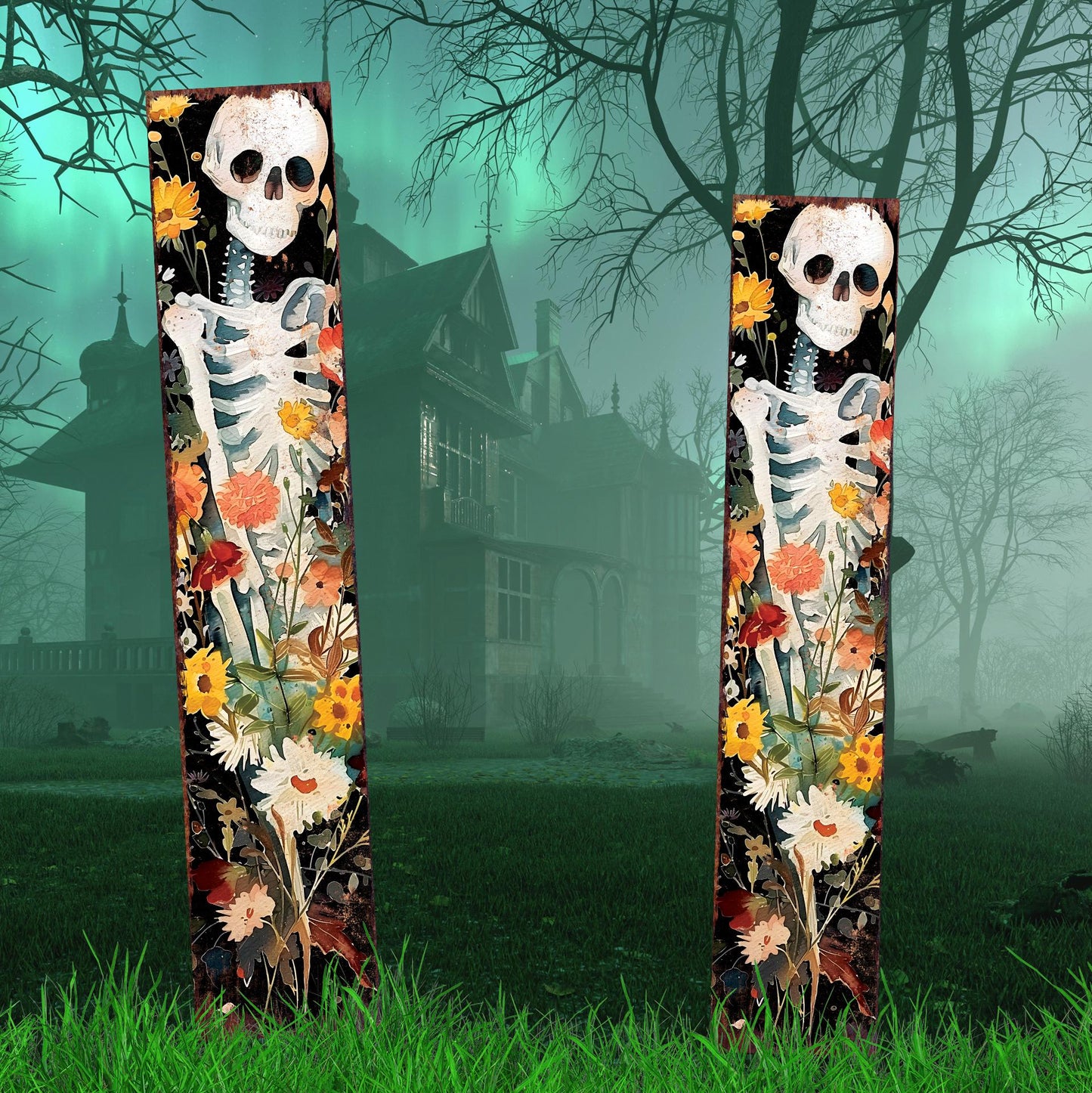 42in Halloween Garden Stake, Watercolor Skeleton, Wooden Outdoor Patio and Lawn Decoration, Wildflower Halloween Decor