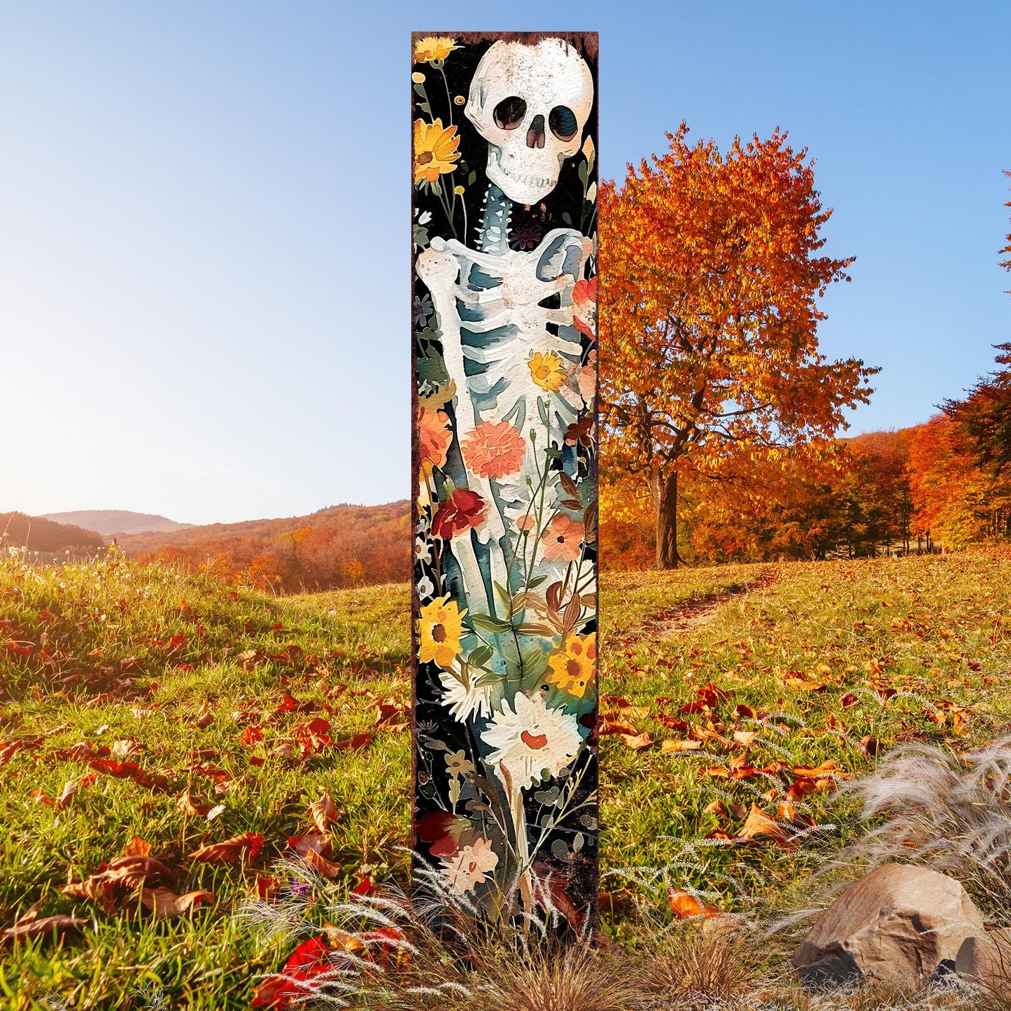 42in Halloween Garden Stake, Watercolor Skeleton, Wooden Outdoor Patio and Lawn Decoration, Wildflower Halloween Decor