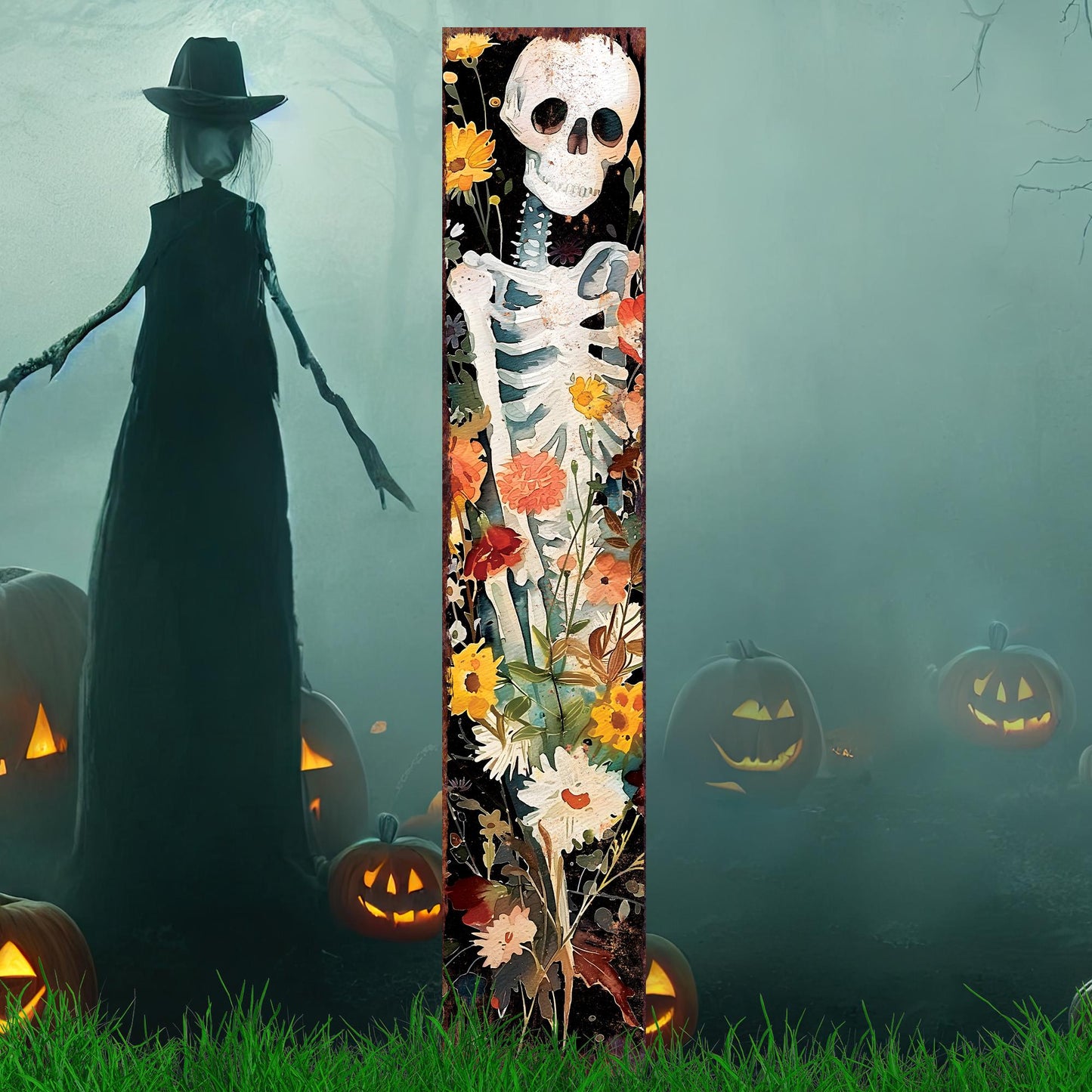 42in Halloween Garden Stake, Watercolor Skeleton, Wooden Outdoor Patio and Lawn Decoration, Wildflower Halloween Decor